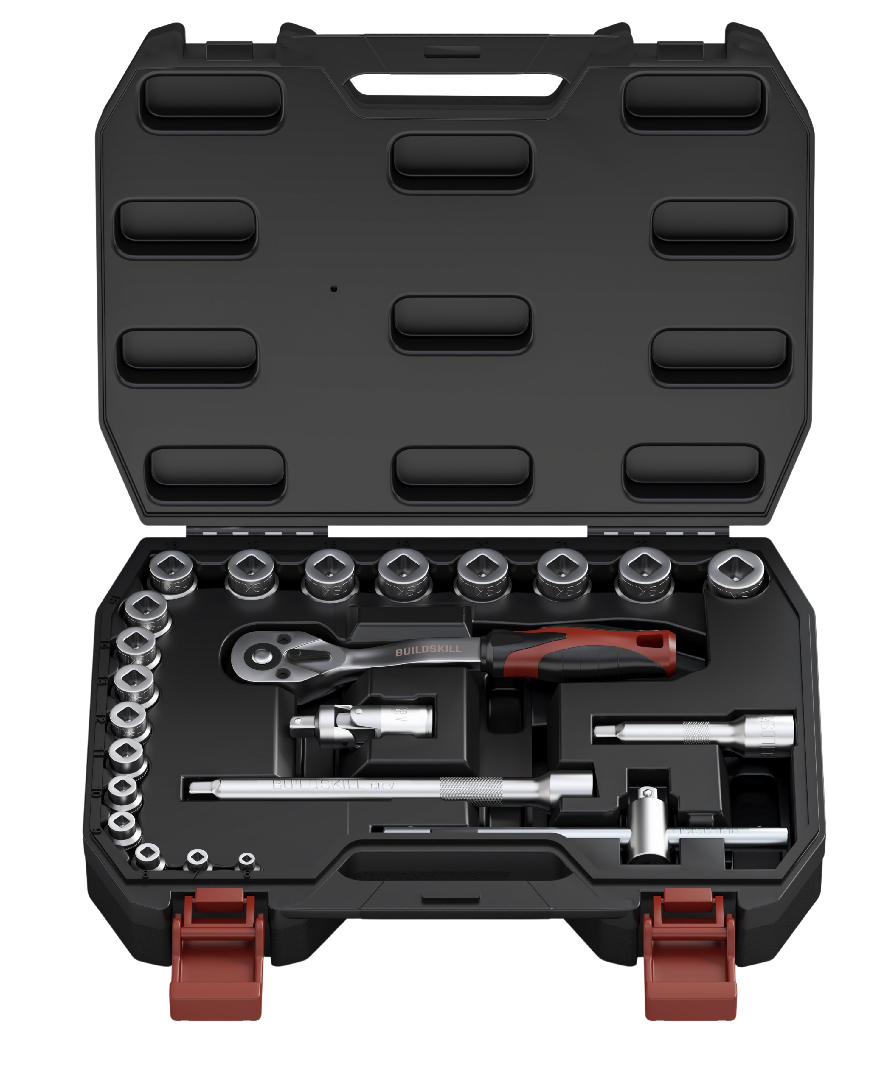 BUILDSKILL 3/8 inch socket set | 23 piece - heavy duty CR-V material | 3" & 6" extension bar | quick release reversible ratchet | TPR anti-slip grip | socket wrench set for car & bicycle repairing