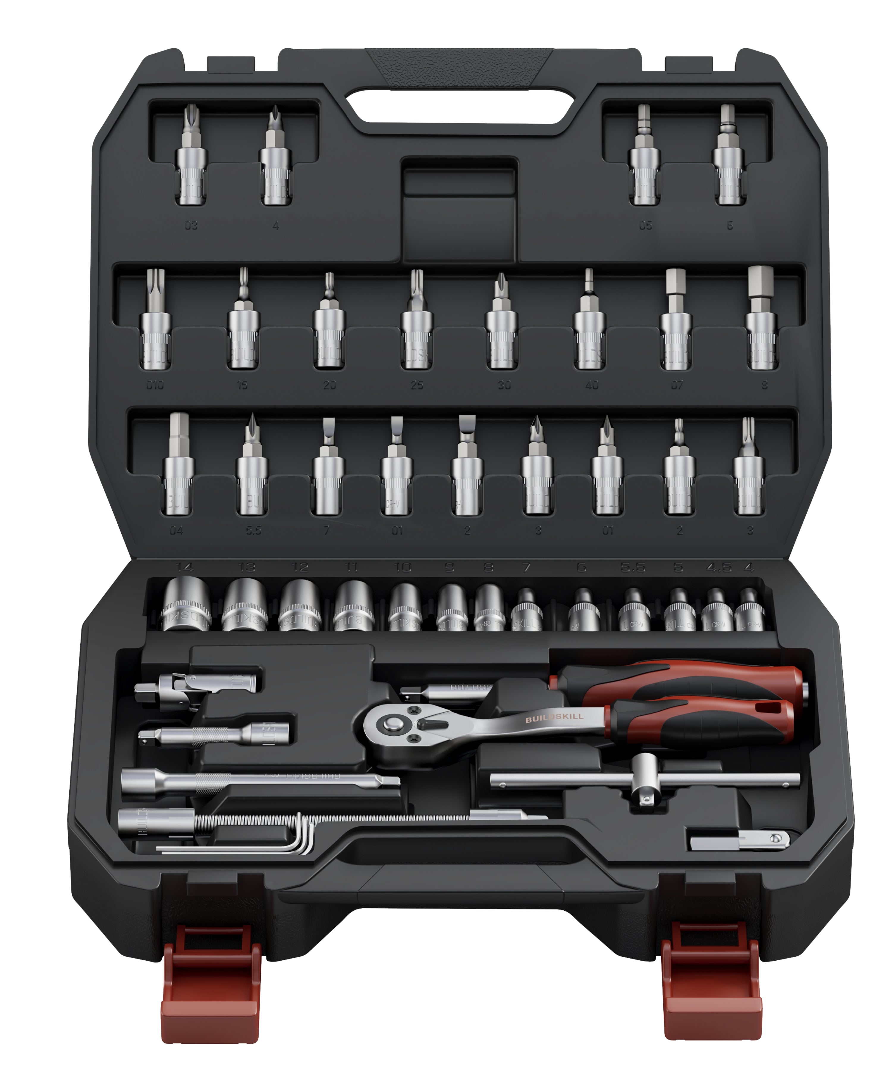 BUILDSKILL 1/4 inch socket set | 46 piece - heavy duty CR-V material | flexible extension bar | quick release reversible ratchet | TPR anti-slip grip | socket wrench set for car & bicycle repairing