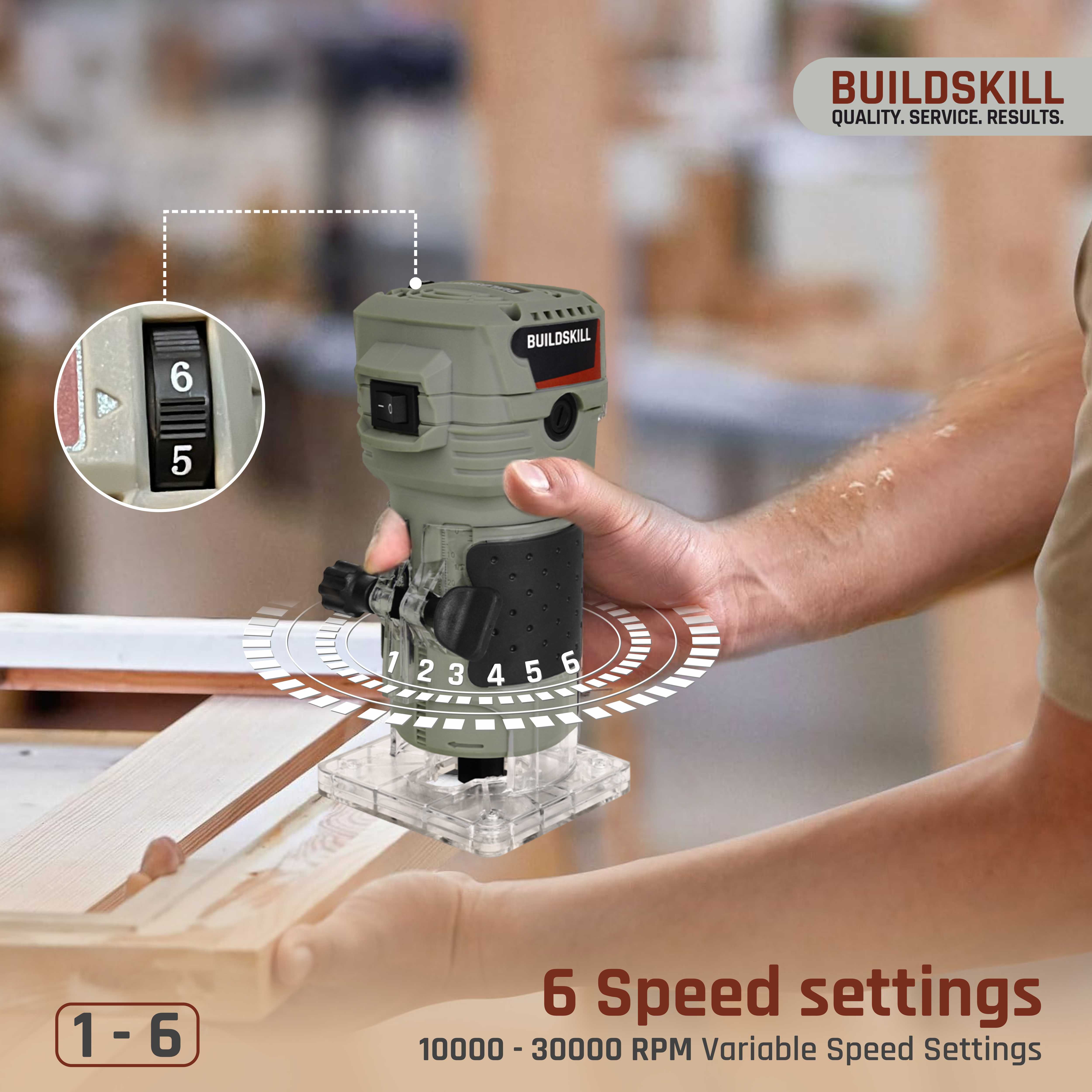 BUILDSKILL 550W Professional Wood Router Machine with Copper Motor | 10000-30000RPM 6 Speed Settings | 6mm, 6.35mm, 8mm Collet | TPR Soft Grip | Perfect Wood Trimmer for Woodworking, Craft & DIY
