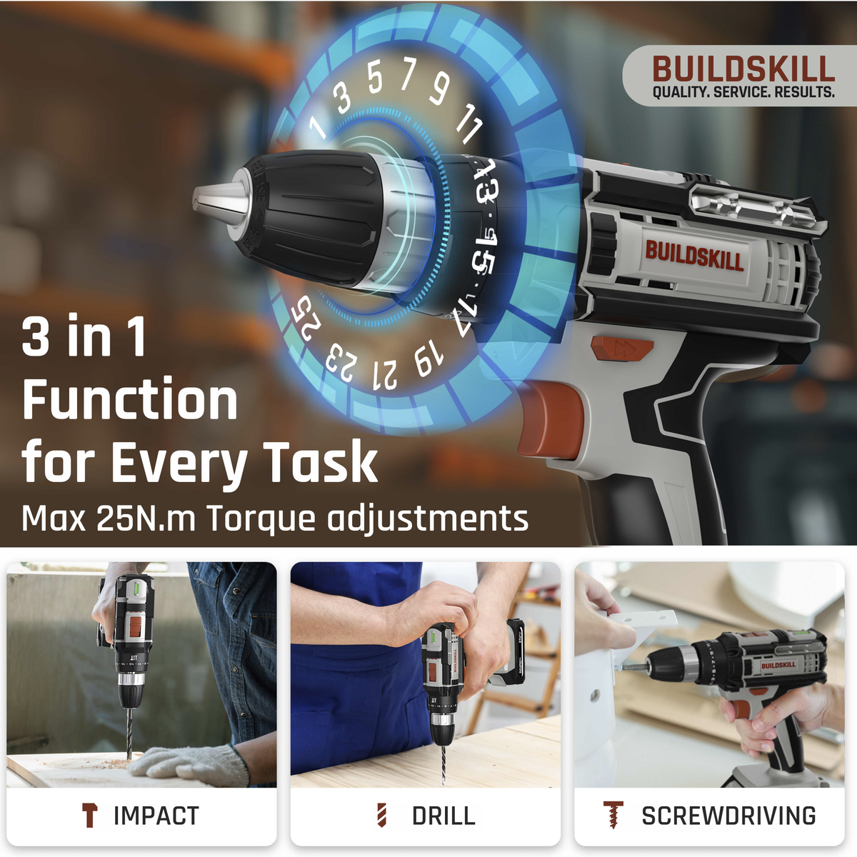 BUILDSKILL 21V Cordless Drill Machine for Home Use | Impact Drill with 10MM Keyless Chuck | 1.5 Ah Single Battery | Charger | Variable Speed | LED Light | Forward & Reverse Motion