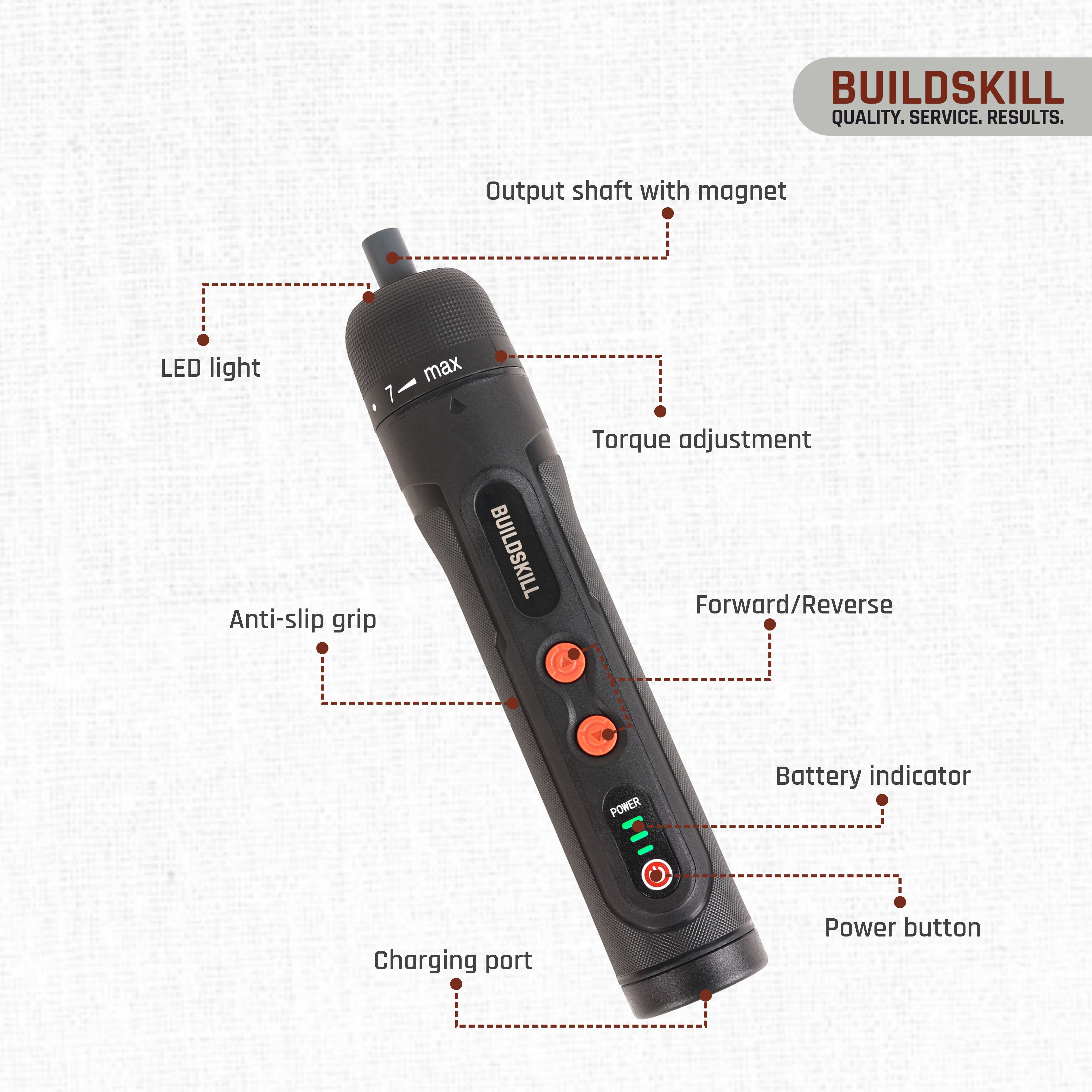 BUILDSKILL 8V cordless screwdriver set - 31 pieces | S2 & CR-V magnetic bits & chuck | forward & reverse function | 1600mAH battery | USB C type charging cable - ideal for DIY & professional use
