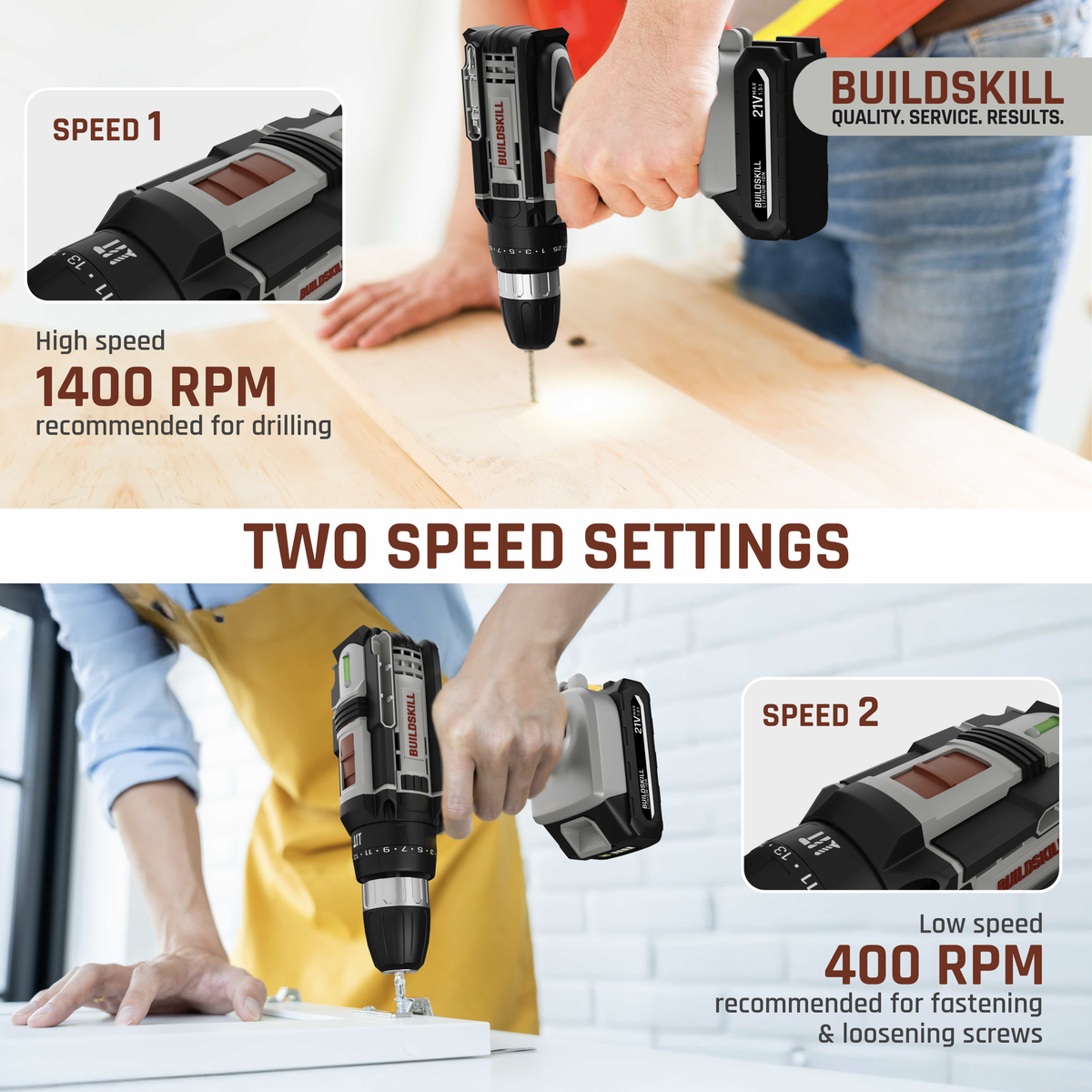 BUILDSKILL 21V Cordless Drill Machine for Home Use | Impact Drill with 10MM Keyless Chuck | 1.5 Ah Single Battery | Charger | Variable Speed | LED Light | Forward & Reverse Motion