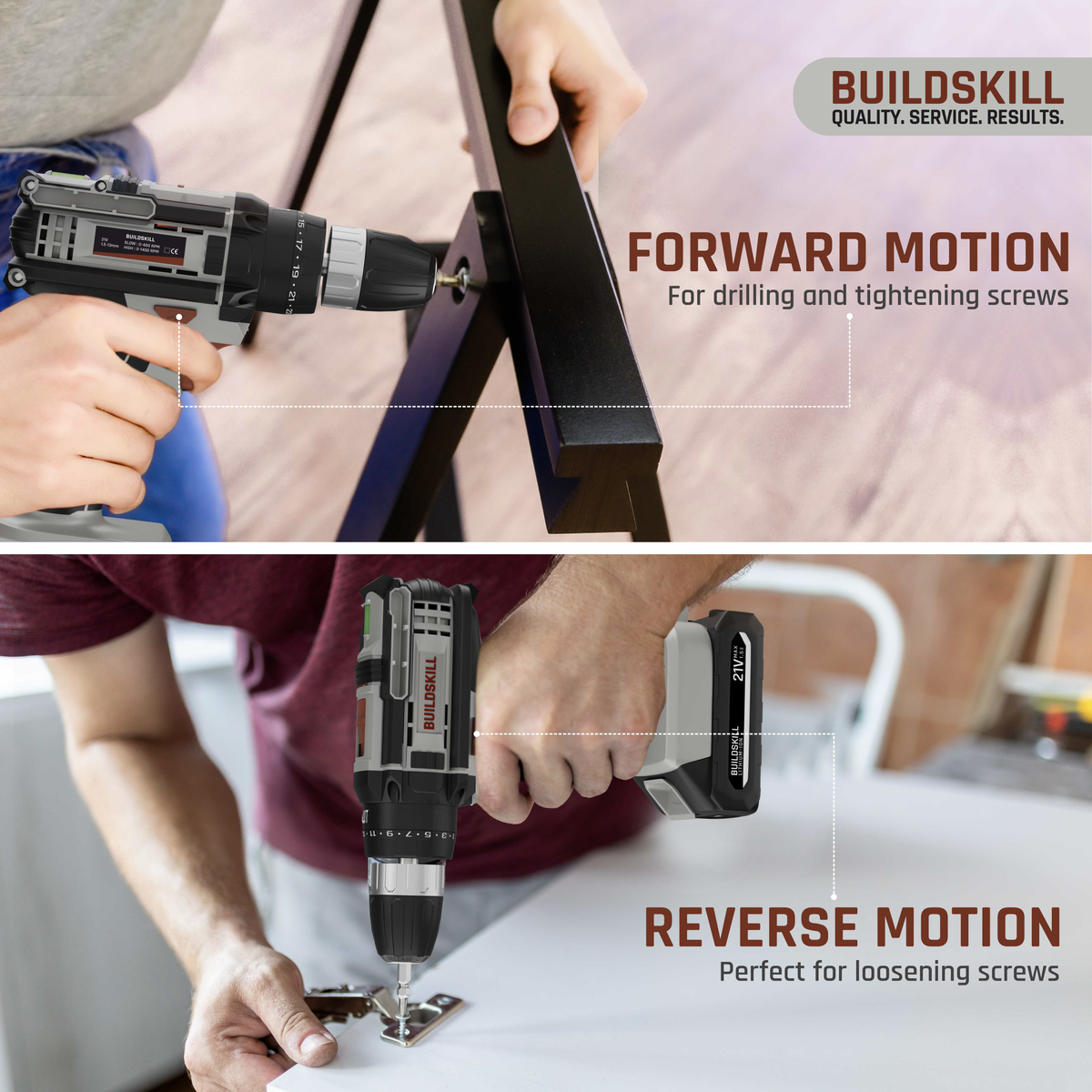BUILDSKILL 21V Cordless Drill Machine for Home Use | Impact Drill with 10MM Keyless Chuck | 1.5 Ah Single Battery | Charger | Variable Speed | LED Light | Forward & Reverse Motion