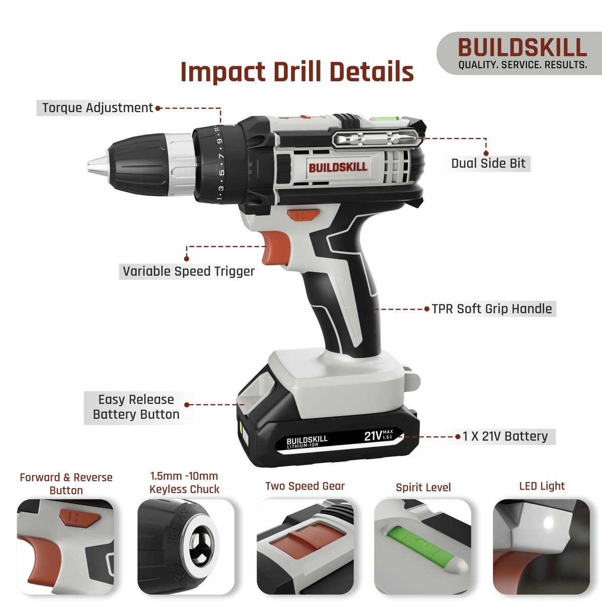 BUILDSKILL 21V Cordless Drill Machine for Home Use | Impact Drill with 10MM Keyless Chuck | 1.5 Ah Single Battery | Charger | Variable Speed | LED Light | Forward & Reverse Motion