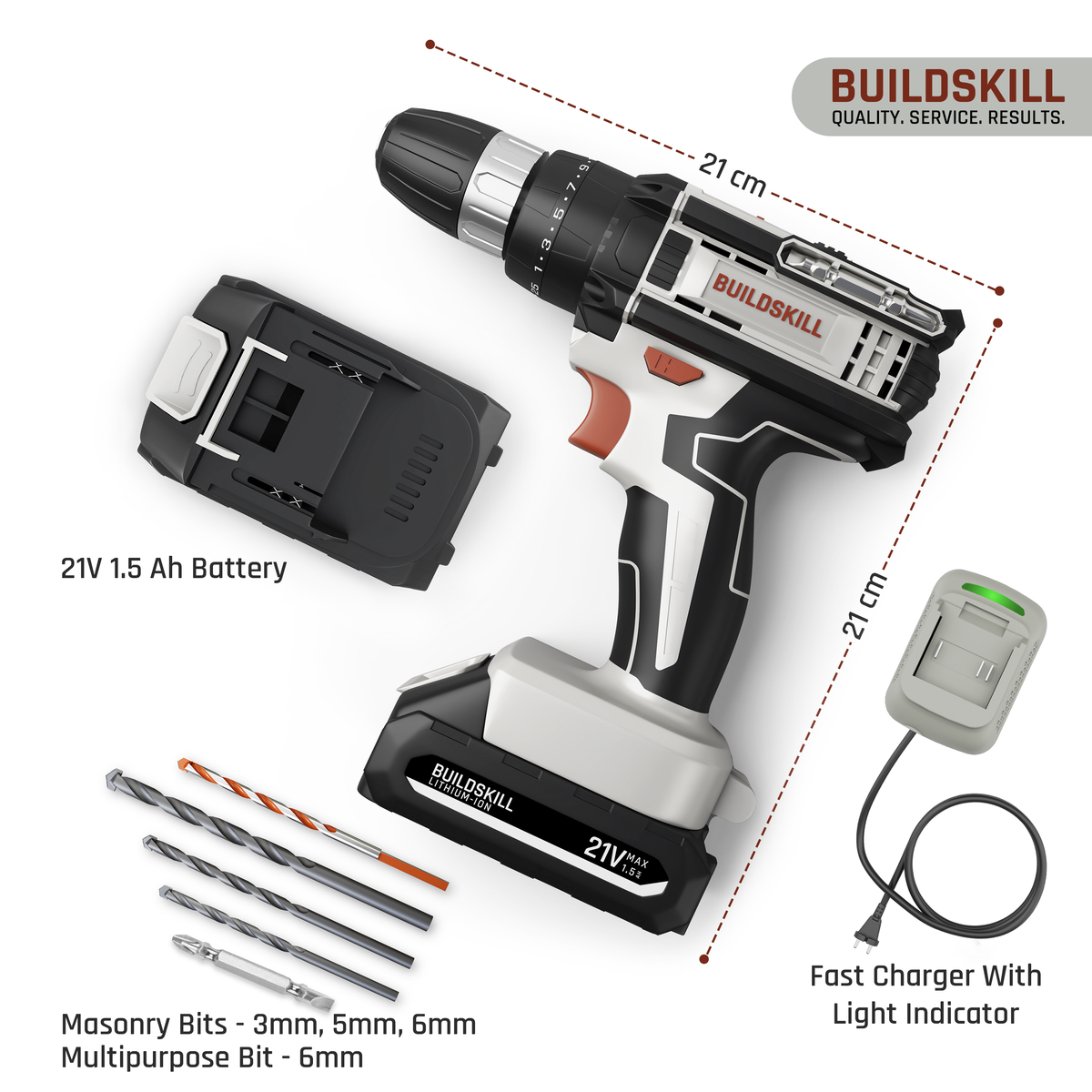 BUILDSKILL 21V Cordless Drill Machine for Home Use | Impact Drill with 10MM Keyless Chuck | 1.5 Ah Single Battery | Charger | Variable Speed | LED Light | Forward & Reverse Motion