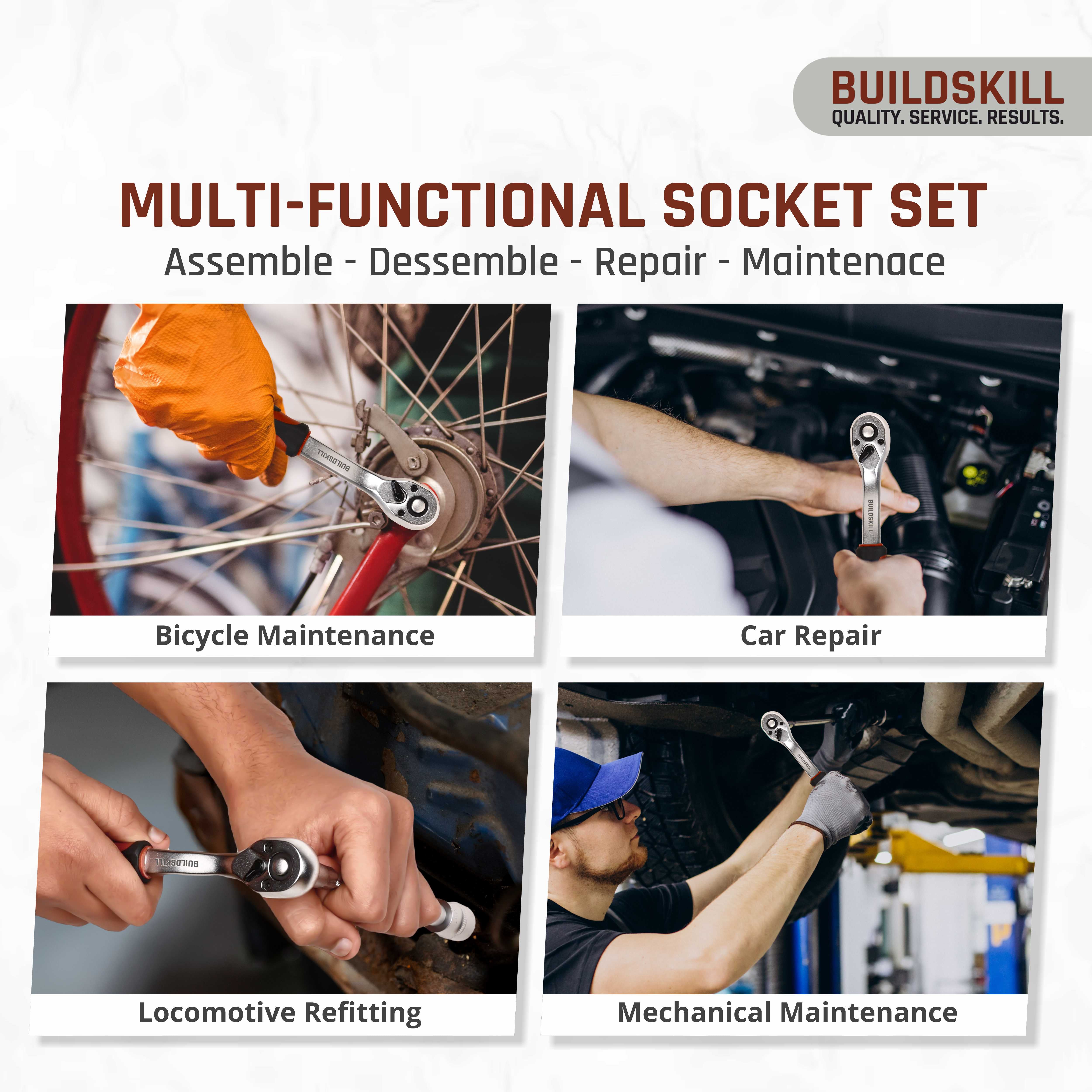 BUILDSKILL 1/4 inch socket set | 26 piece - heavy duty CR-V material | 4" extension bar | bits | quick release reversible ratchet | TPR anti-slip grip | socket wrench set for car & bicycle repairing