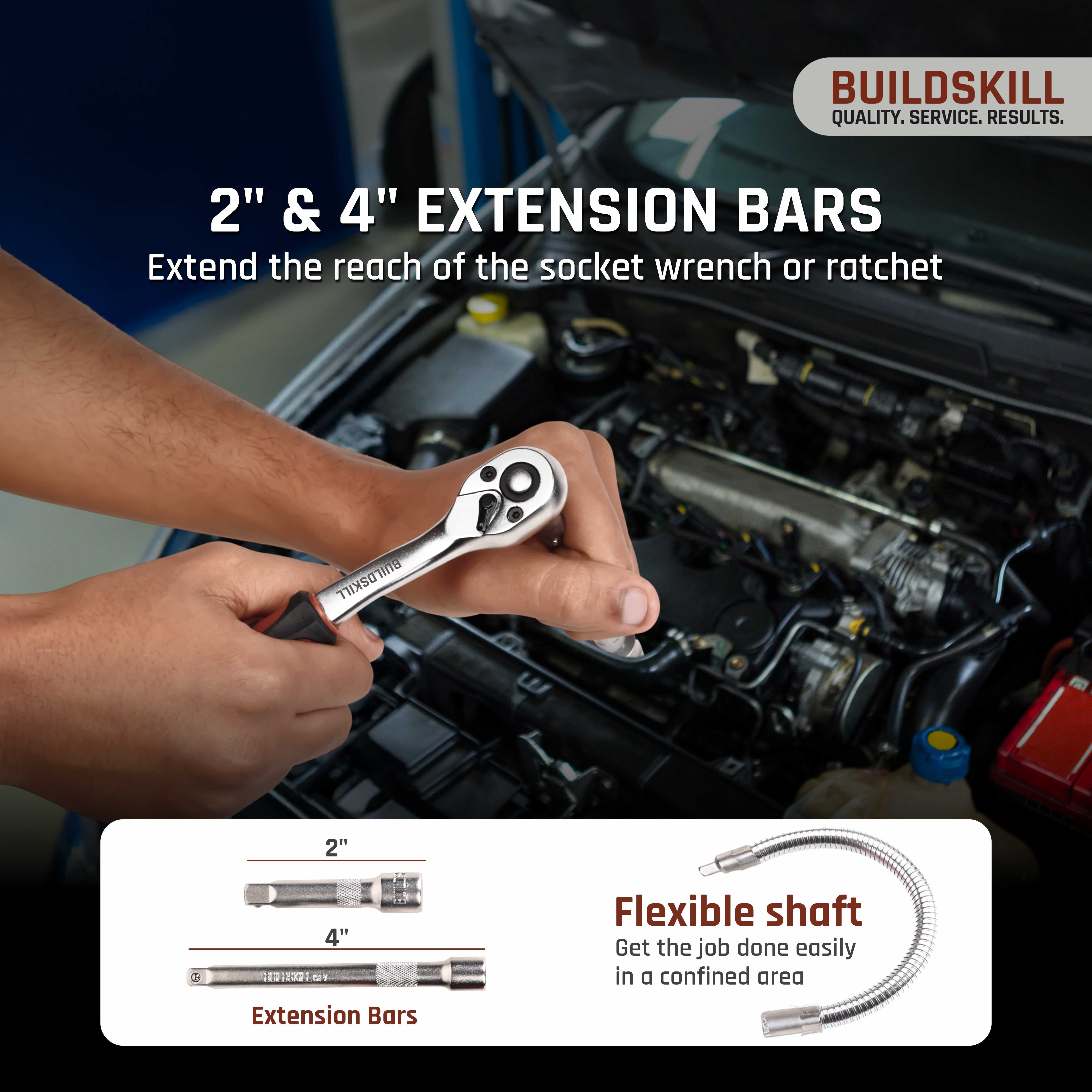 BUILDSKILL 1/4 inch socket set | 46 piece - heavy duty CR-V material | flexible extension bar | quick release reversible ratchet | TPR anti-slip grip | socket wrench set for car & bicycle repairing