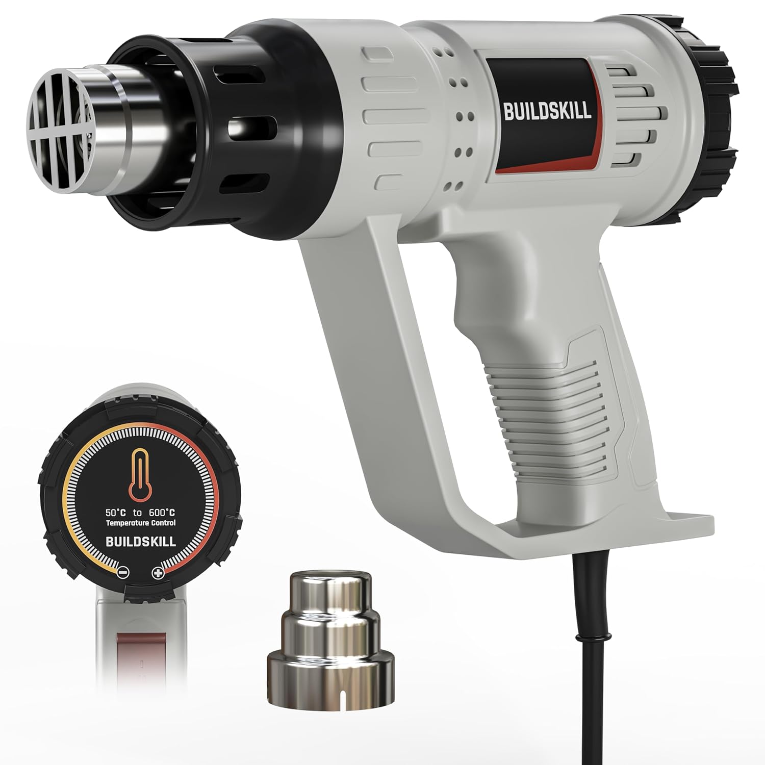BUILDSKILL 1900W High-Speed Heat Gun Machine | Variable Temperature 50°C - 600°C | Copper Motor | SS Nozzle | Ideal Hot Air Gun Machine for Electronic Tasks, Paint Removing, Shrink Wrapping - Grey
