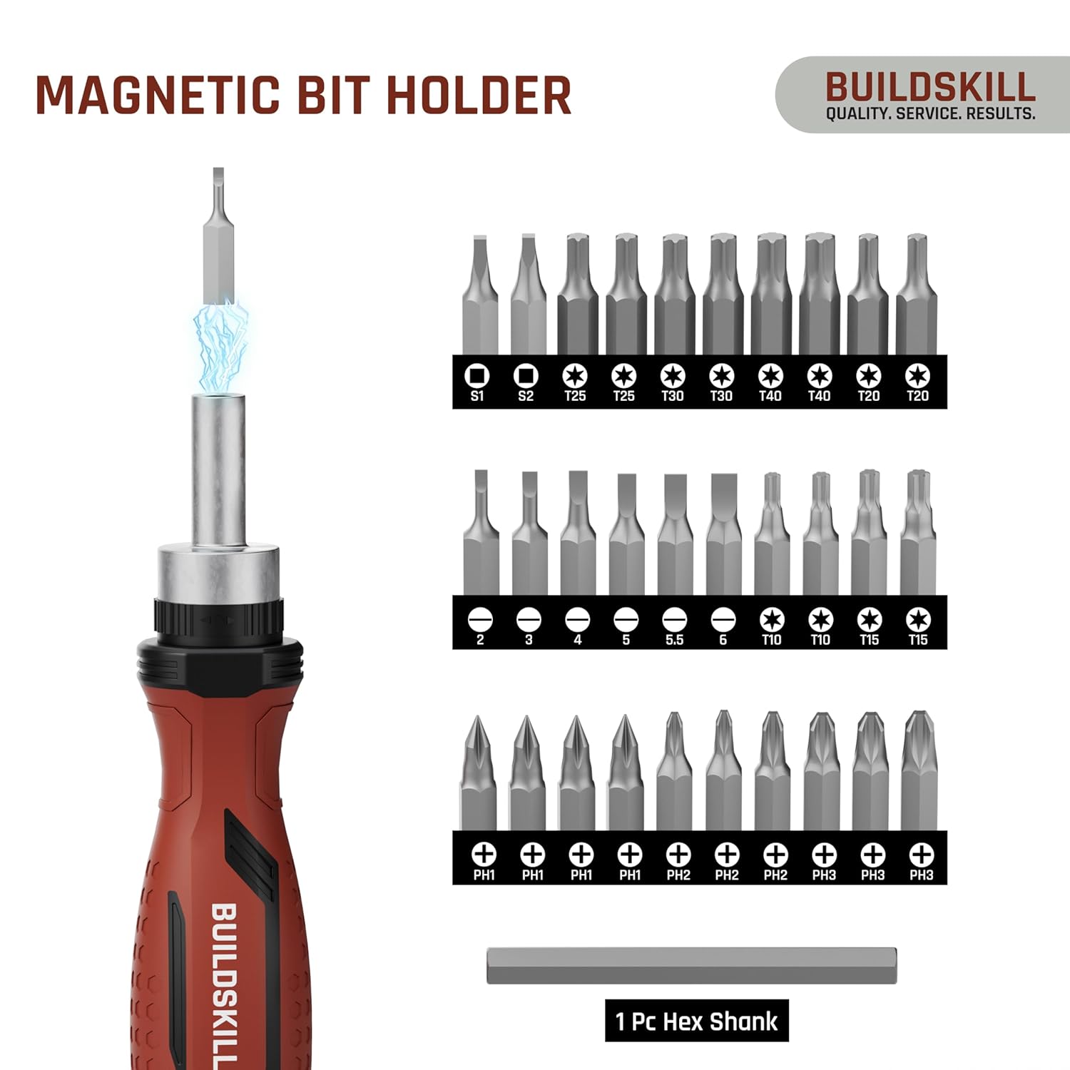 BUILDSKILL 31 Pieces Ratchet Screw Driver Kit | CR-V Bits | Anti-Skid TPR Grip | 30 x Screwdriver Bits | 1 x 75mm HEX Shank | Magnetic Bit Holder | DIY & Professional Screwdriver Set
