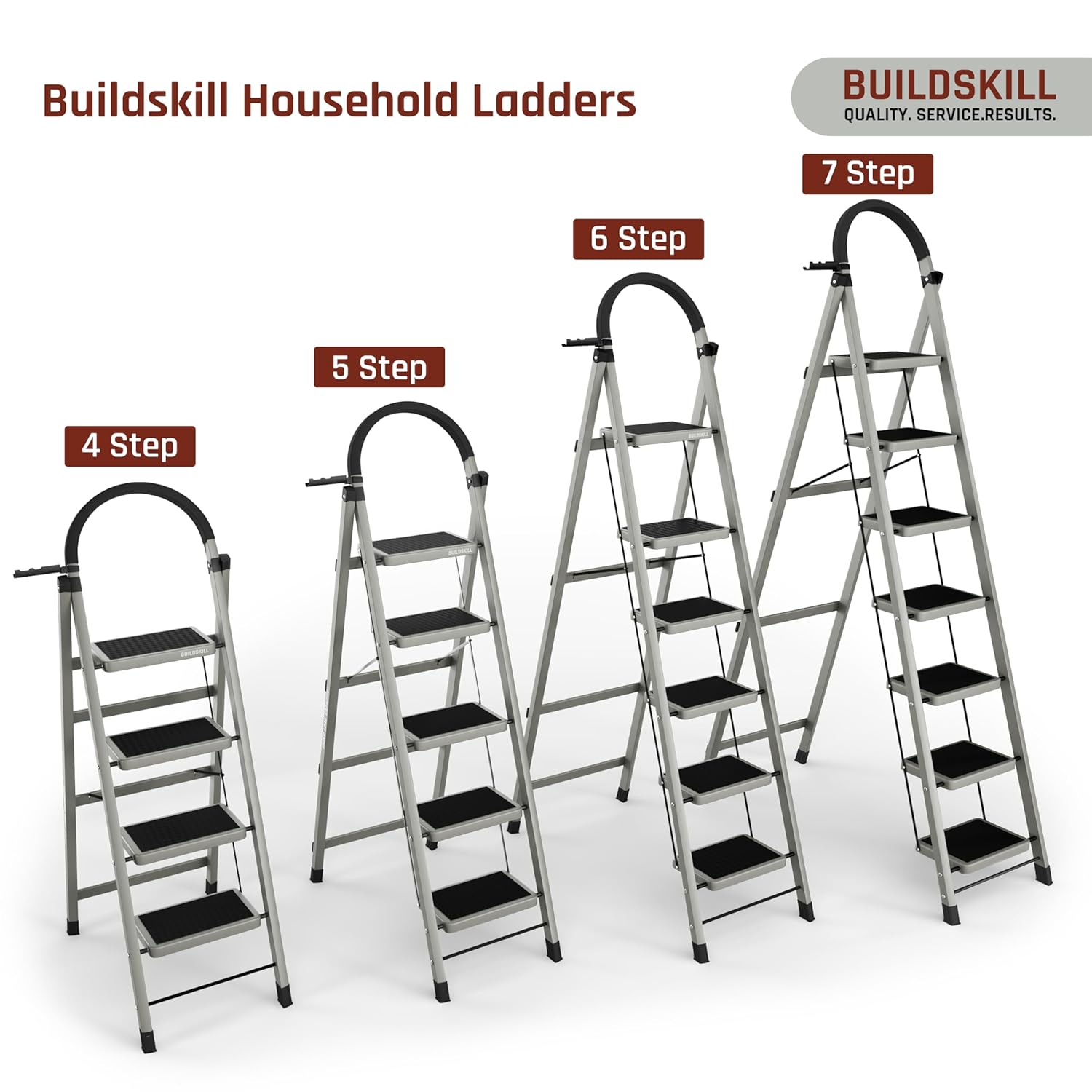BUILDSKILL Foldable Ladder for Home 4 Steps with Built-in Tool Tray | Heavy Duty D Shape rods | 20 x 30 cm Large Platform | Wide Rubber feet | Secure Lock | 150kg Capacity - 5 Years Warranty