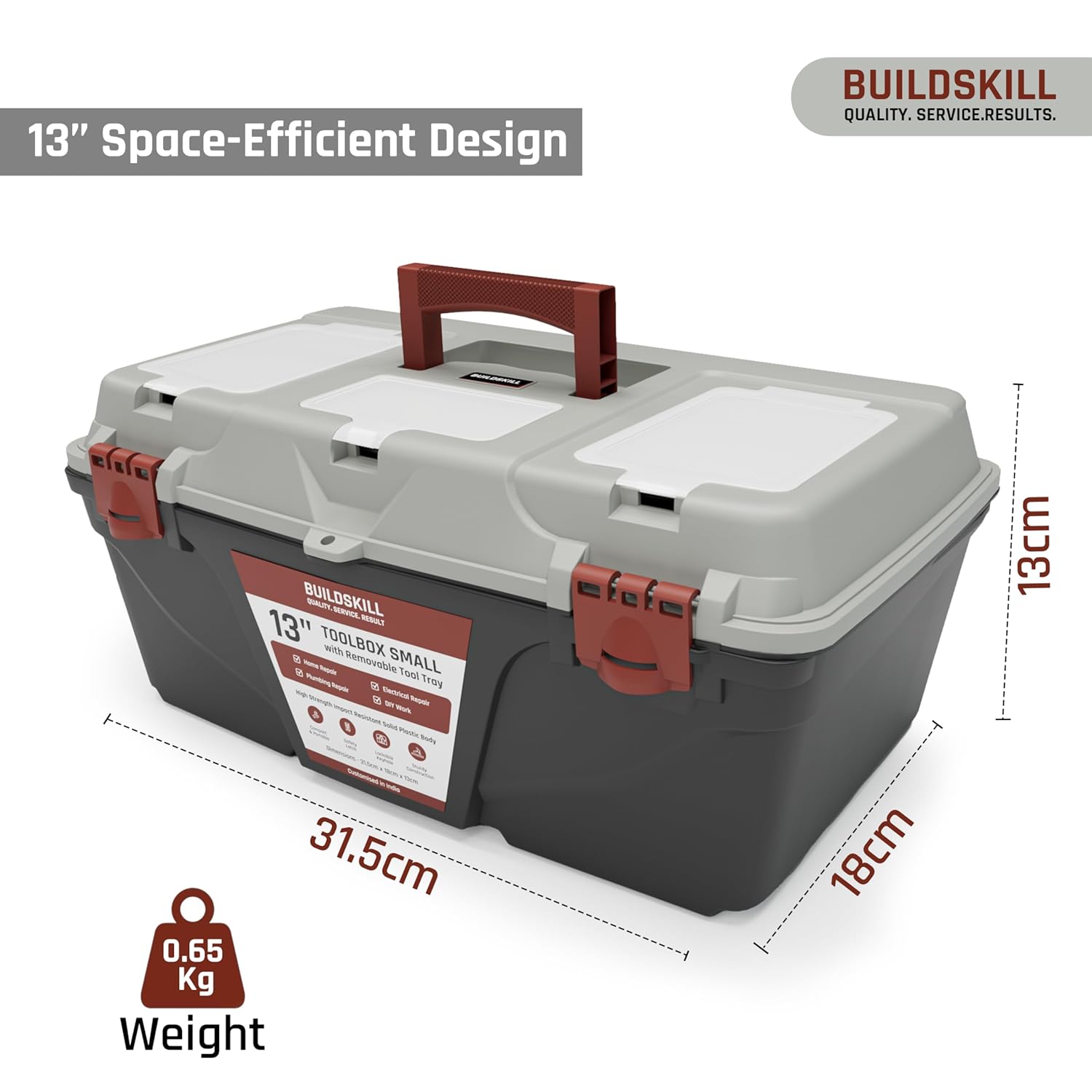 BUILDSKILL 13" Small Tool Box for Home | Convenient Top Lids & Removable Tool Tray | Secure Latch Lock | Key Hole | Heavy Duty Impact Resistant Body | Ideal Repair Toolbox for DIY & Professional Use