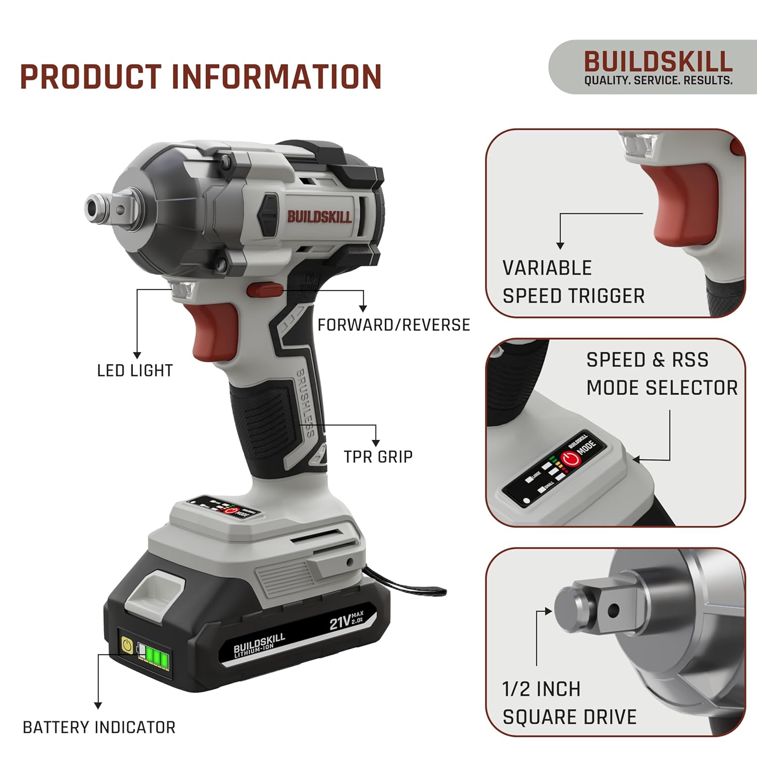 BUILDSKILL 21V - 1/2" 400NM BLDC Cordless Impact Wrench Set | 2 x 2.0Ah Battery | 10 Pcs Socket + 10 Pcs Screwdriver Bit | LED Light | 3400-4500 RPM | 2800-3200 Impact Rate | 2.0A Fast Charger