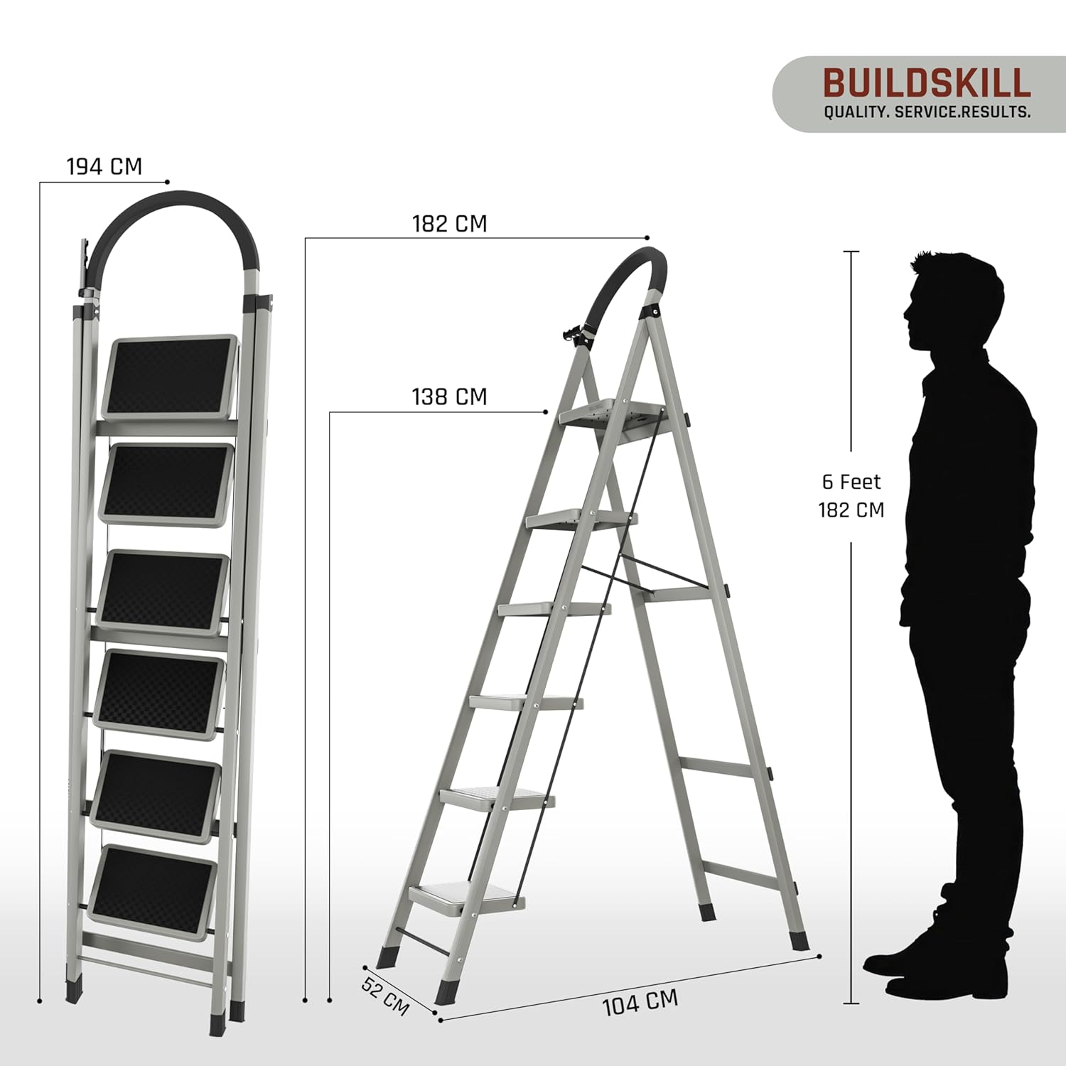 BUILDSKILL Ladder for Home 6 Steps Foldable with Built-in Tool Tray | Heavy Duty D Shape Rods | 20 x 30cm Large Platform | Wide Rubber Feet | Secure Lock | 150Kg Capacity - 5 Years Warranty