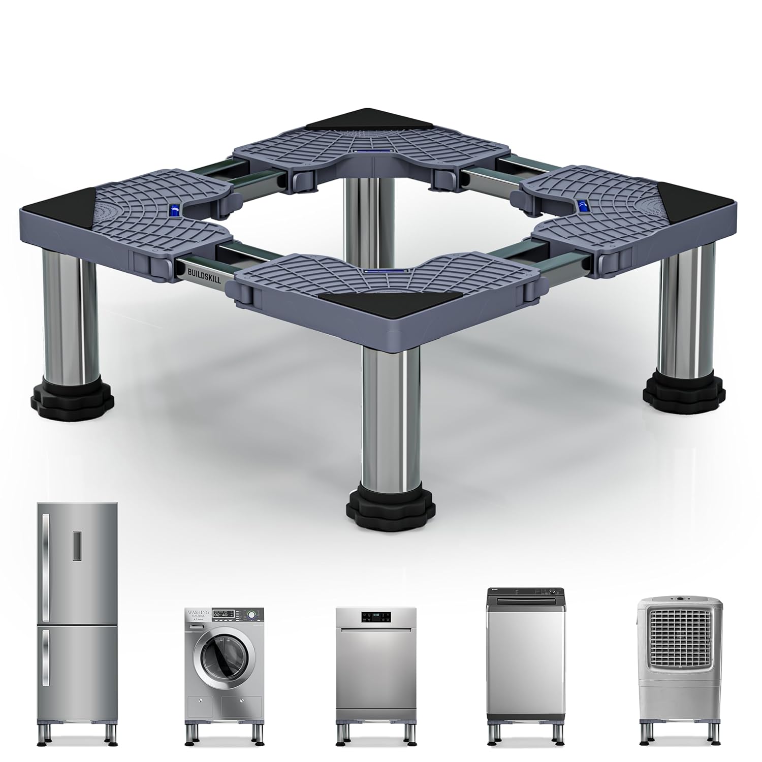 BUILDSKILL 350kg Load Capacity Washing Machine Stand Adjustable | Spirit Level | Anti-Vibration Mats | Dual SS Tubes | Legs with Rubber Pads | Without Wheels Height Stand for Washing Machine (Grey)