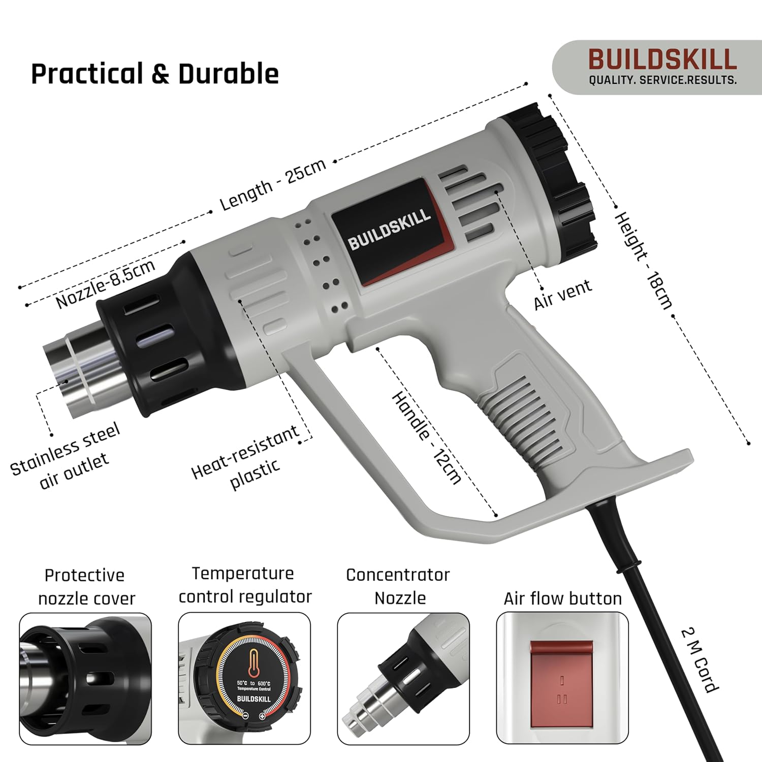 BUILDSKILL 1900W High-Speed Heat Gun Machine | Variable Temperature 50°C - 600°C | Copper Motor | SS Nozzle | Ideal Hot Air Gun Machine for Electronic Tasks, Paint Removing, Shrink Wrapping - Grey