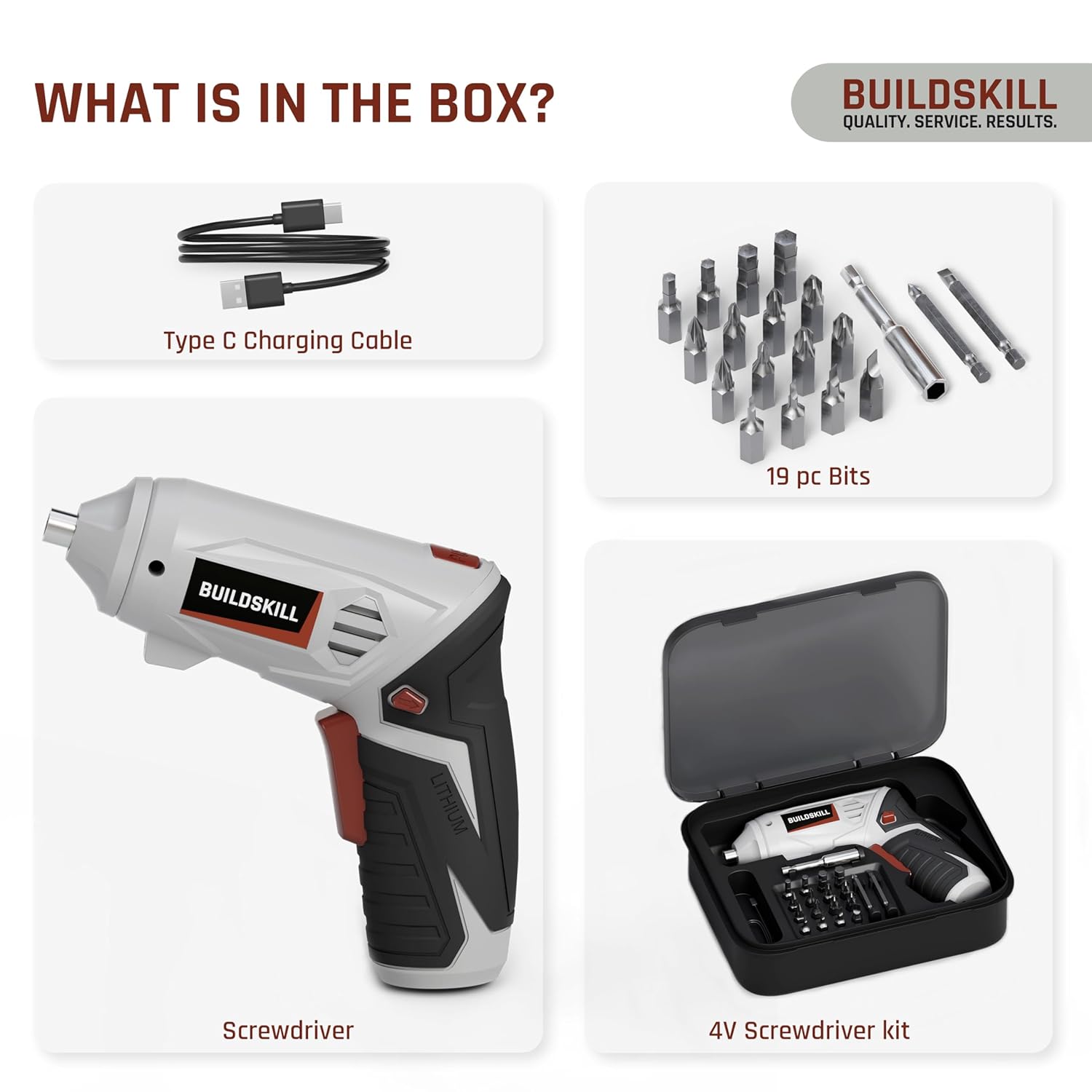 BUILDSKILL 4V Cordless Screw Driver Kit | 19 Pcs | 4 N.M. Torque | 250 RPM | Magnetic Chuck | 1.5AH Battery | Forward-Reverse | 2 position Handle Lock & LED Light | Type-C Charging cable included