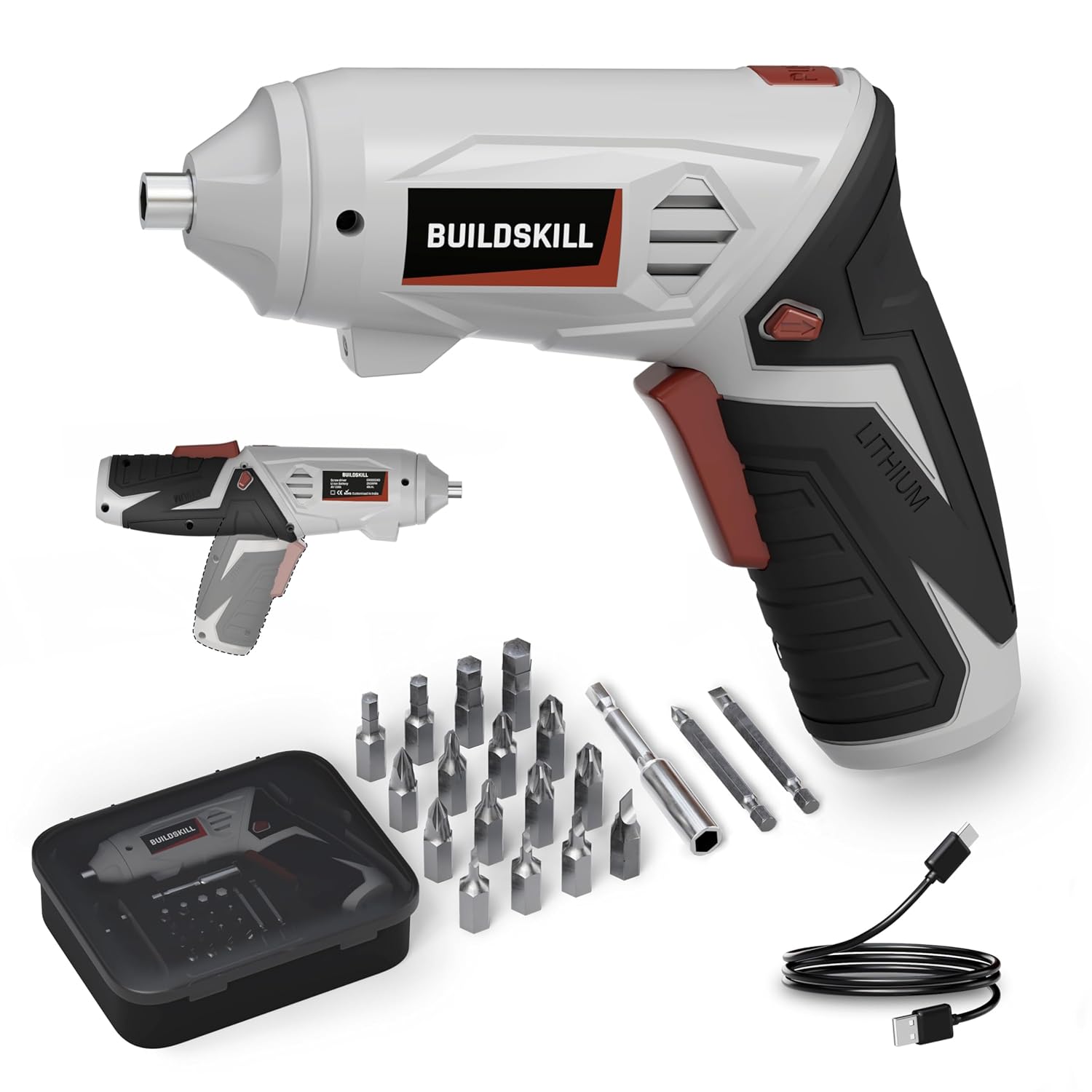 BUILDSKILL 4V Cordless Screw Driver Kit | 19 Pcs | 4 N.M. Torque | 250 RPM | Magnetic Chuck | 1.5AH Battery | Forward-Reverse | 2 position Handle Lock & LED Light | Type-C Charging cable included