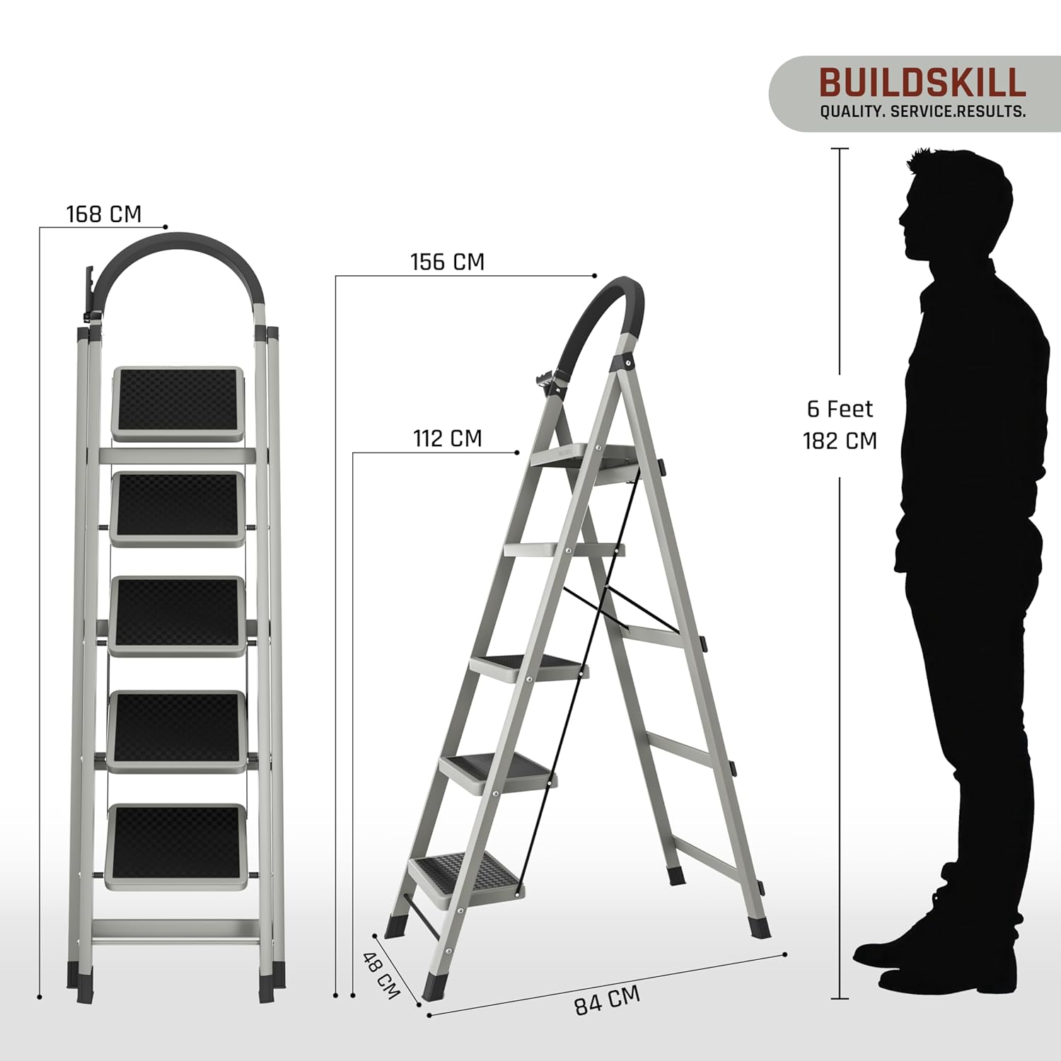 BUILDSKILL 5 Step Ladder for Home Use with Built-in Tool Tray | Heavy Duty D Shape Rods | 20 x 30 cm Large Platform | Wide Rubber Feet | Secure Lock | 150Kg Capacity Foldable Ladder - 5 Years Warranty