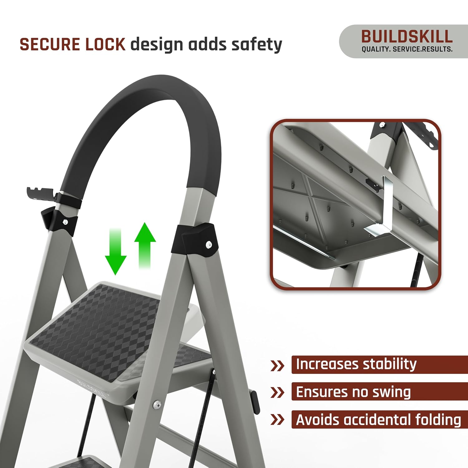 BUILDSKILL Ladder for Home 7 Steps Foldable with Built-in Tool Tray | Heavy Duty D Shape Rods | 20 x 30cm Large Platform | Wide Rubber Feet | Secure Lock | 150Kg Capacity - 5 Years Warranty