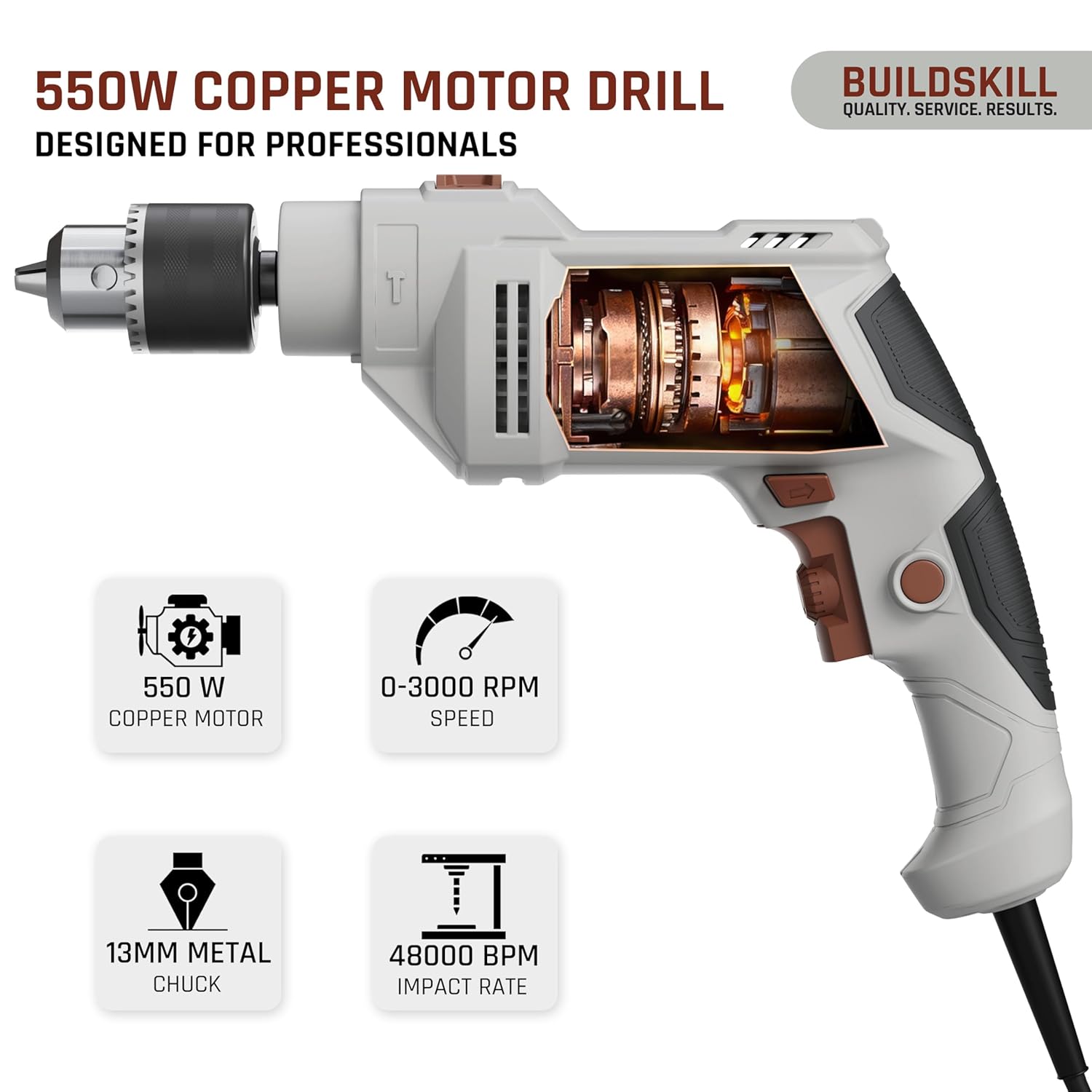 BUILDSKILL 136 PCs 550W Corded Electric Drill Toolkit | 3000 RPM | 48000 BPM Impact Rate | Copper Motor | 13mm Metal Chuck Drill Machine for Wall Drilling | Forward-Reverse | Professional & DIY use