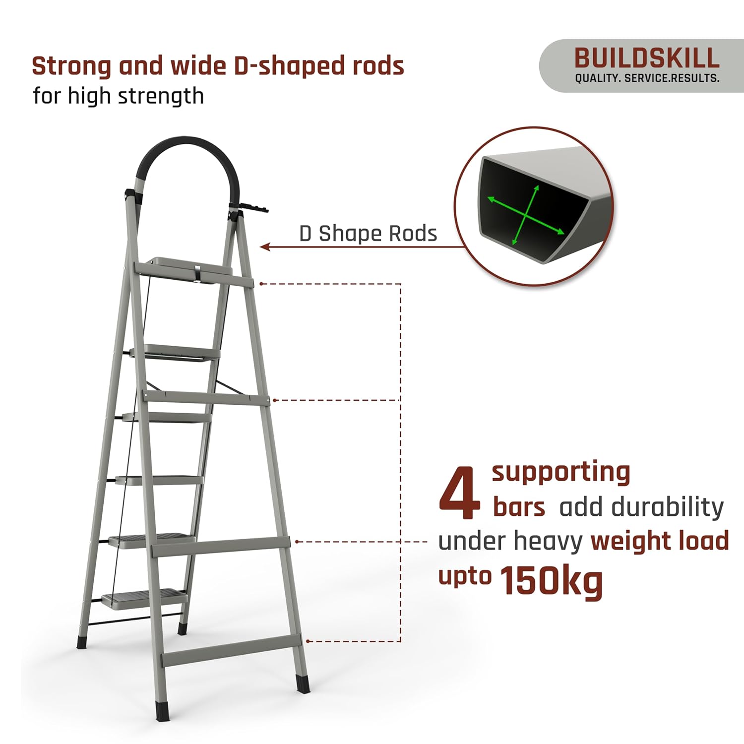 BUILDSKILL Ladder for Home 6 Steps Foldable with Built-in Tool Tray | Heavy Duty D Shape Rods | 20 x 30cm Large Platform | Wide Rubber Feet | Secure Lock | 150Kg Capacity - 5 Years Warranty