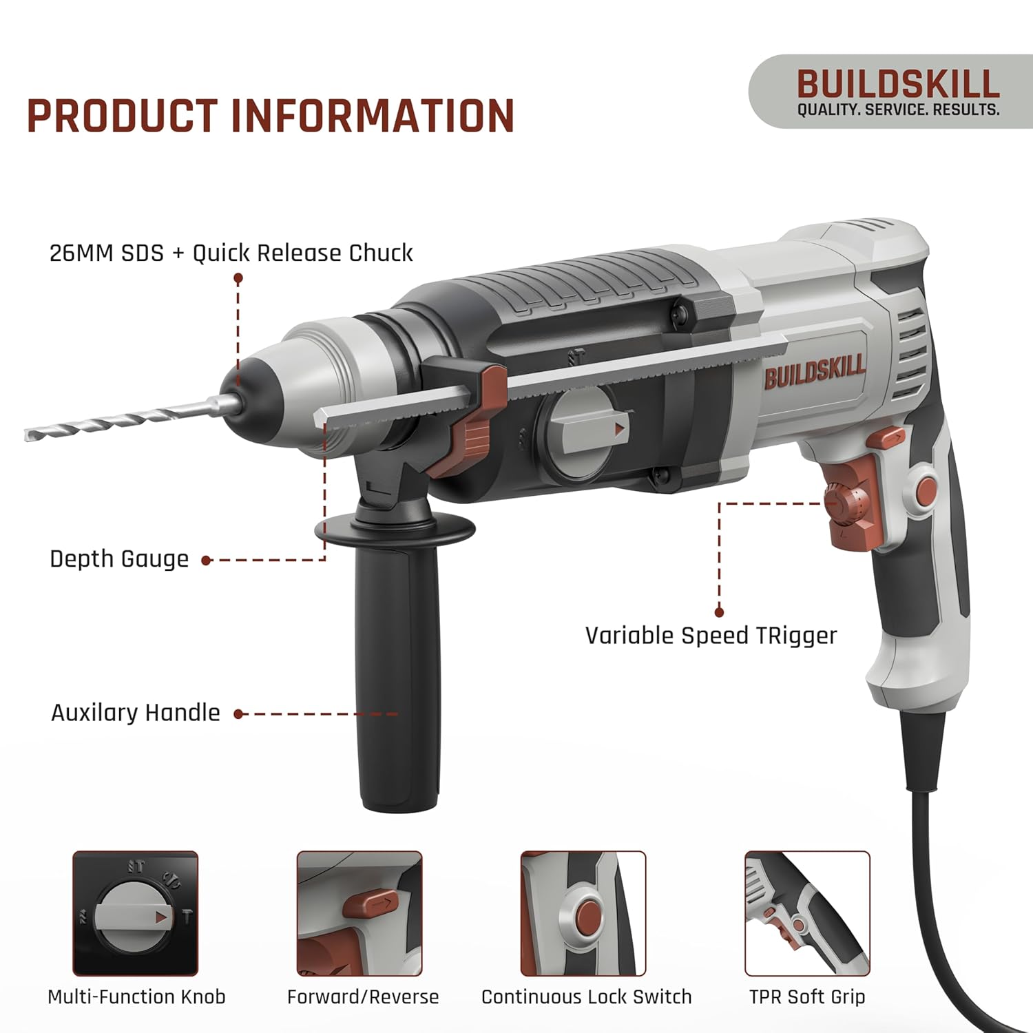 BUILDSKILL 850W Rotary Hammer Drill | 1100 RPM Copper Motor | 26mm SDS+ Chuck | 4900 BPM | 4 Modes| 3J Impact | Variable Speed | with 6/8/10mm Bits + Pointed & Flat Bits for Concrete, Metal & Wood