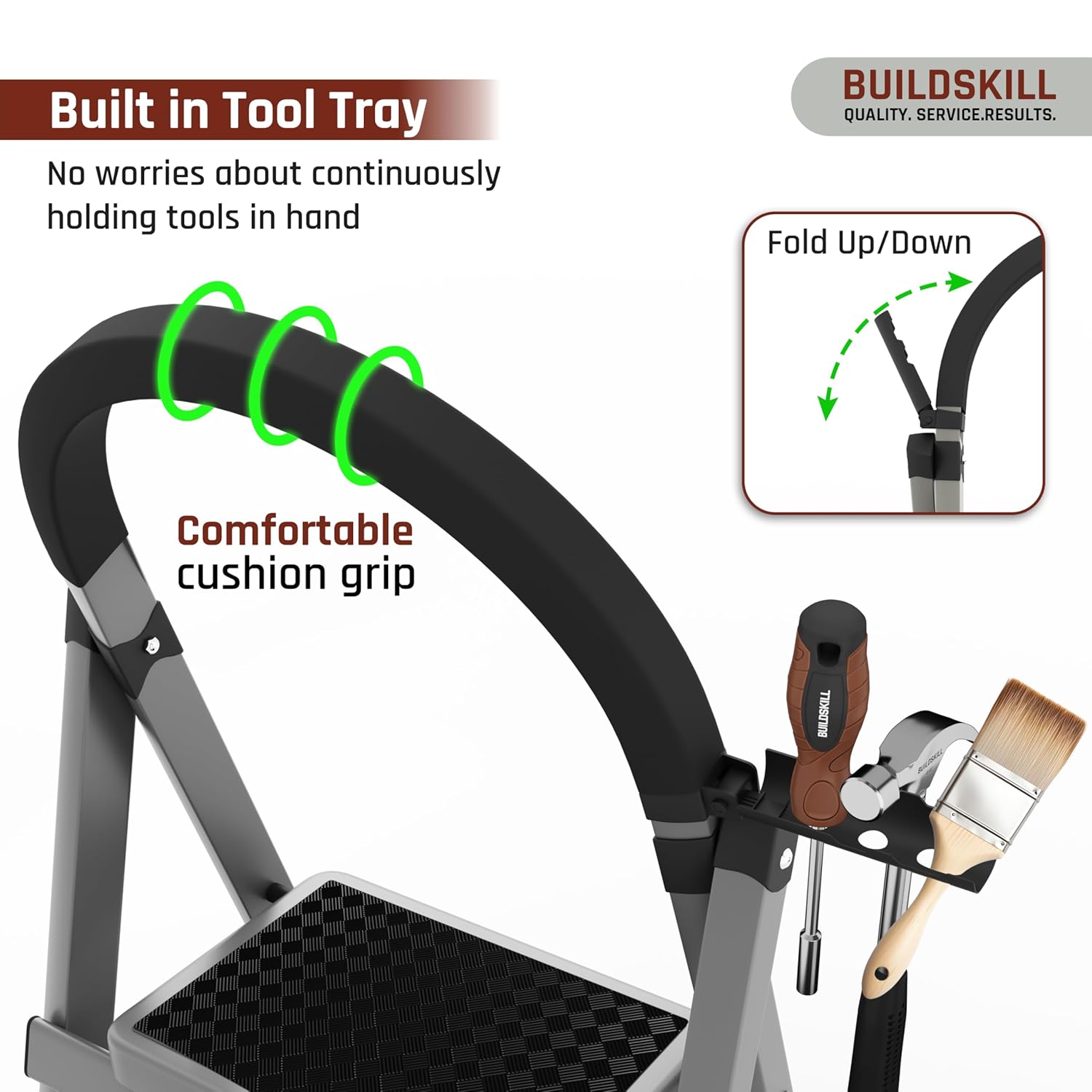 BUILDSKILL Ladder for Home 6 Steps Foldable with Built-in Tool Tray | Heavy Duty D Shape Rods | 20 x 30cm Large Platform | Wide Rubber Feet | Secure Lock | 150Kg Capacity - 5 Years Warranty