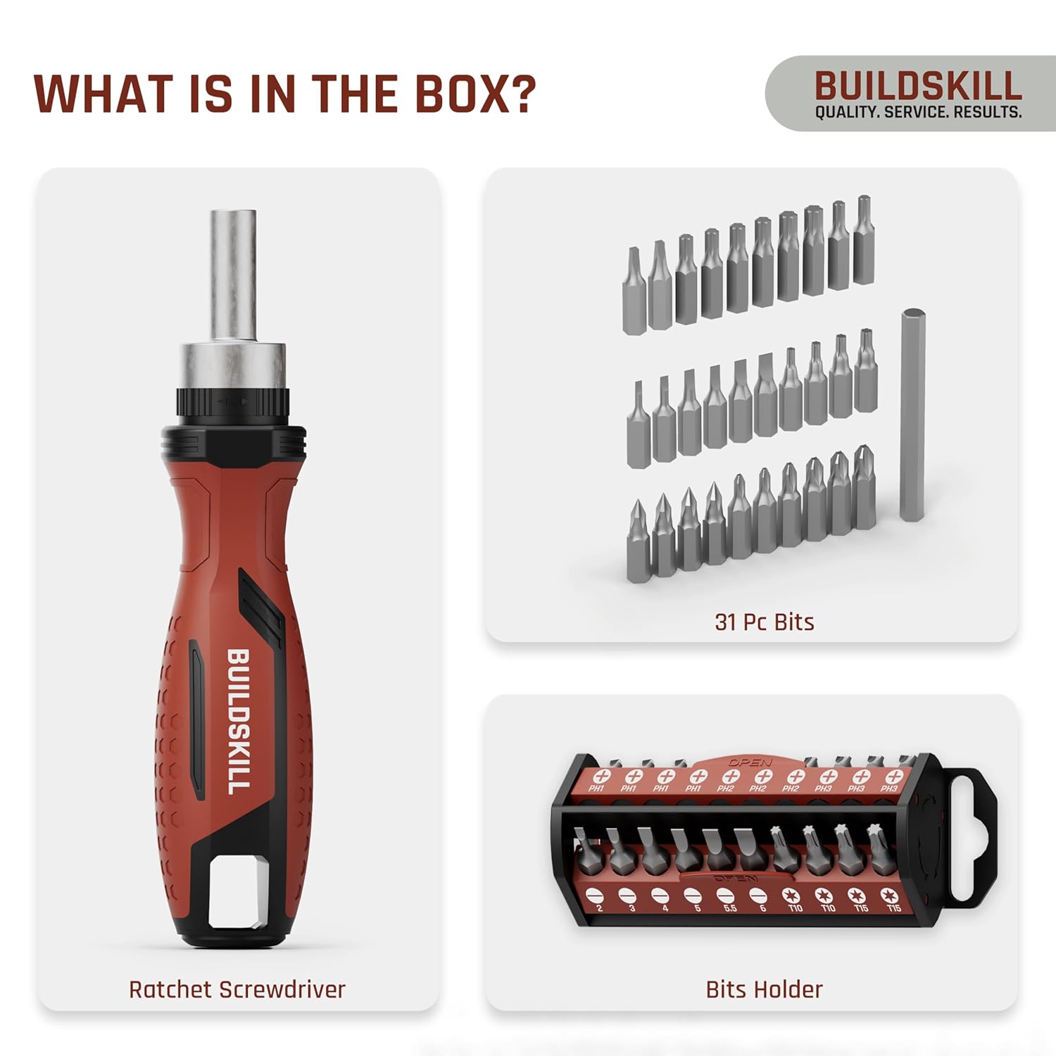 BUILDSKILL 31 Pieces Ratchet Screw Driver Kit | CR-V Bits | Anti-Skid TPR Grip | 30 x Screwdriver Bits | 1 x 75mm HEX Shank | Magnetic Bit Holder | DIY & Professional Screwdriver Set
