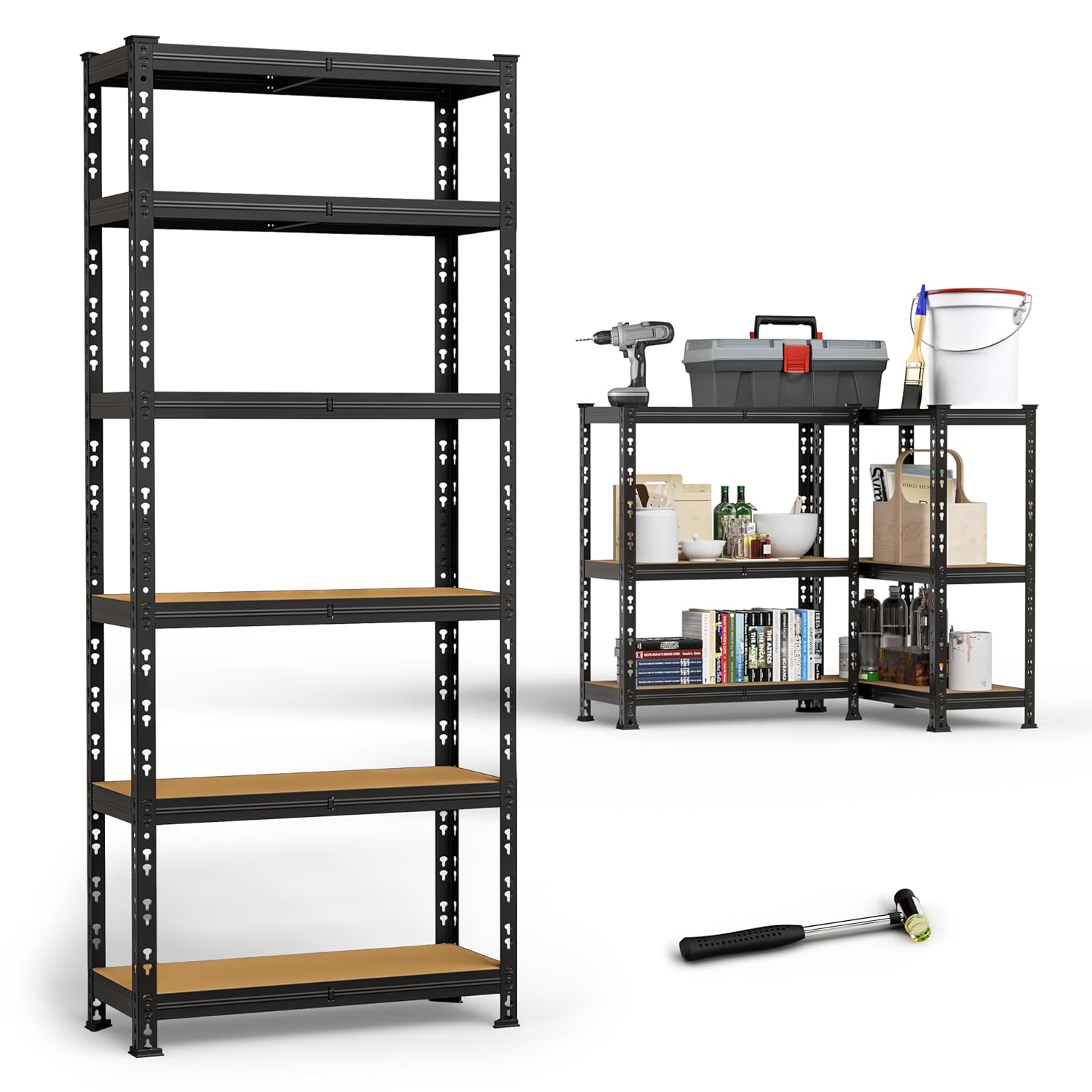 BUILDSKILL 6-Tier Multipurpose Storage Rack | Bolt-Free Assembly | Black Powder-Coated Galvanized Metal | Thick MDF Board | 175Kg Capacity Per Shelf | 170x70x30cm Adjustable Shelf Rack for Home & Shop