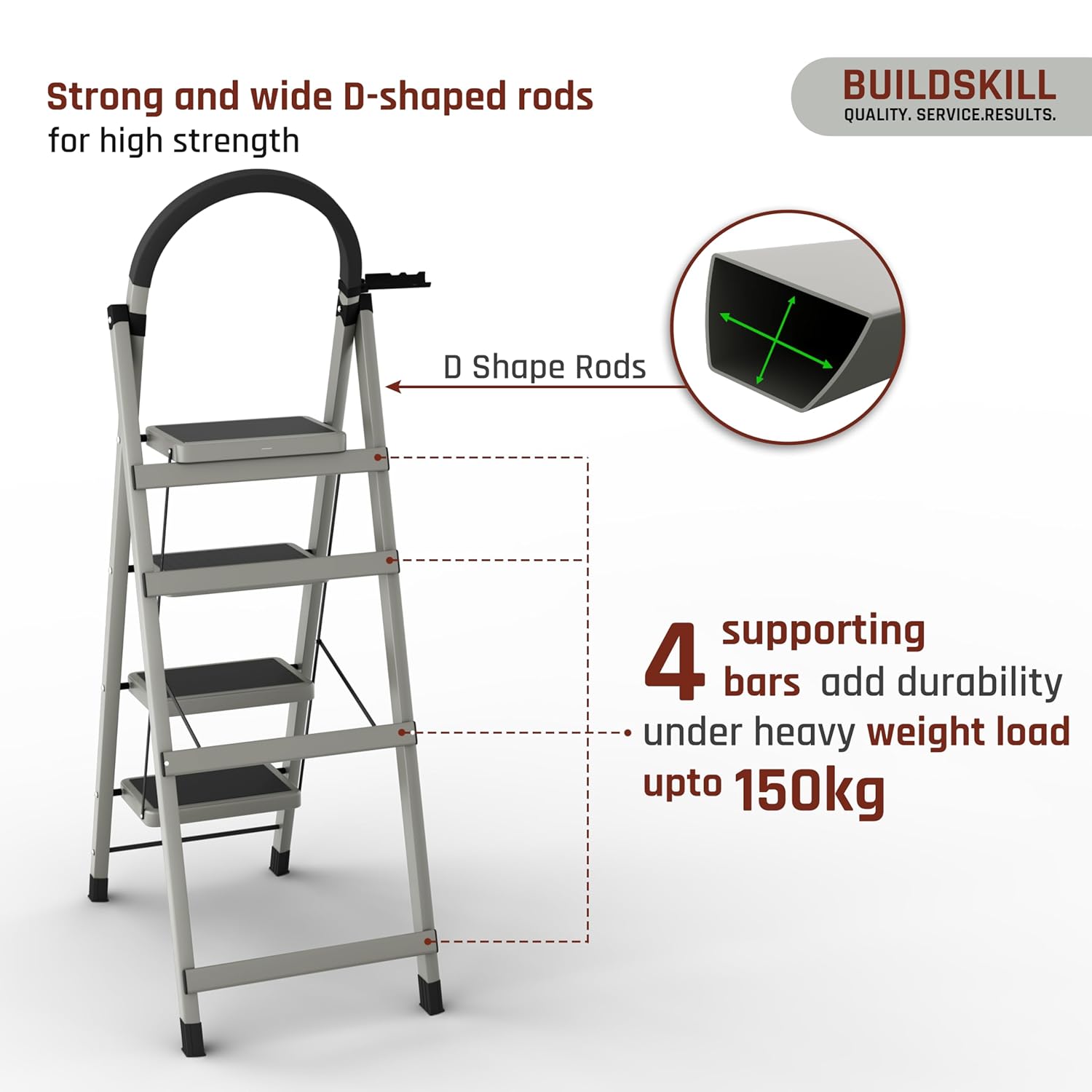 BUILDSKILL Foldable Ladder for Home 4 Steps with Built-in Tool Tray | Heavy Duty D Shape rods | 20 x 30 cm Large Platform | Wide Rubber feet | Secure Lock | 150kg Capacity - 5 Years Warranty