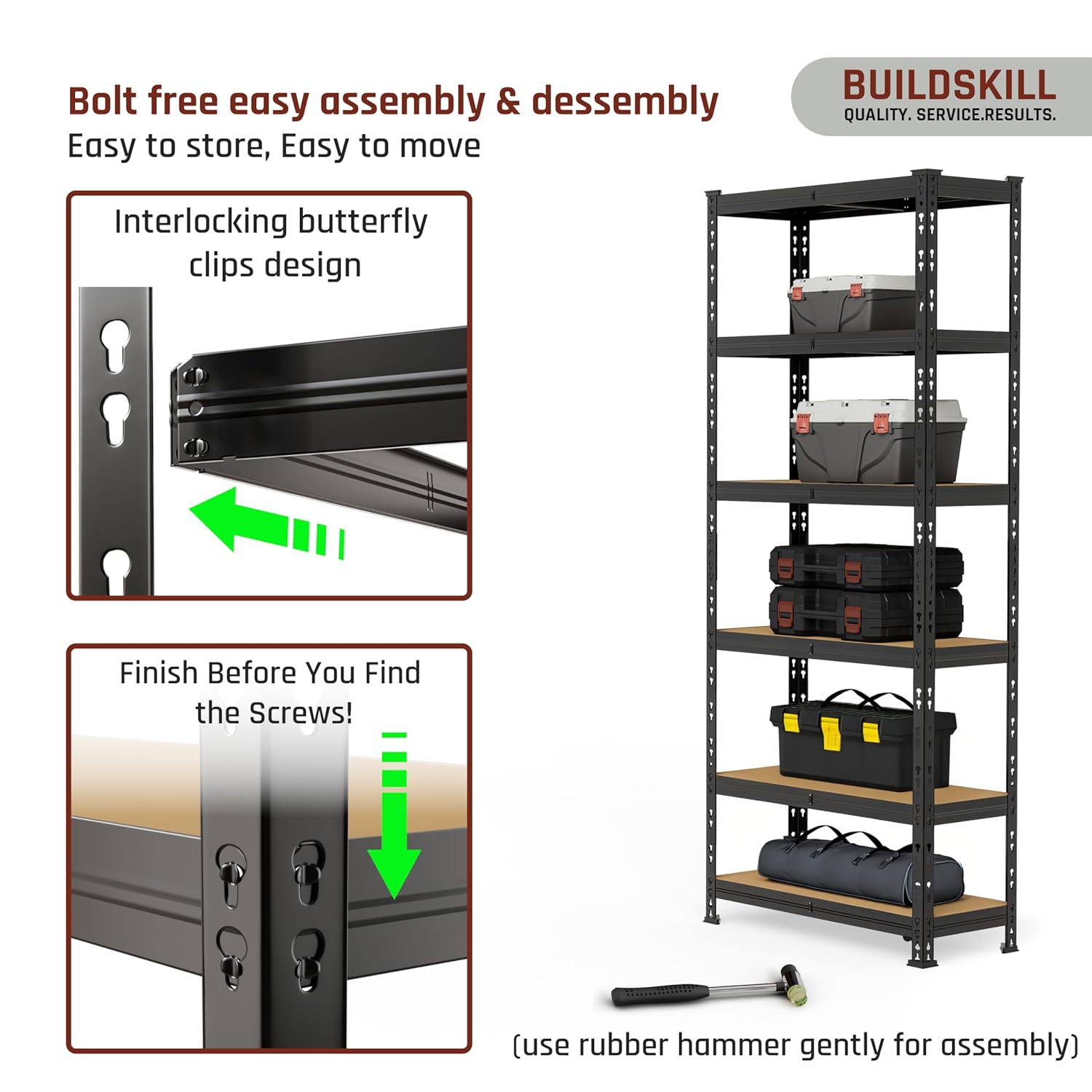 BUILDSKILL 6-Tier Multipurpose Storage Rack | Bolt-Free Assembly | Black Powder-Coated Galvanized Metal | Thick MDF Board | 175Kg Capacity Per Shelf | 170x70x30cm Adjustable Shelf Rack for Home & Shop