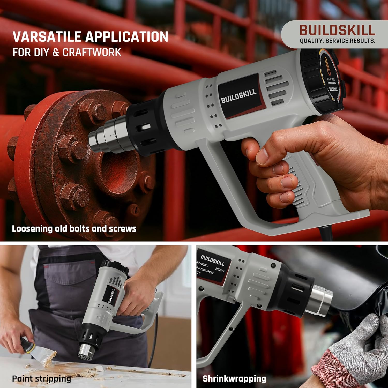 BUILDSKILL 1900W High-Speed Heat Gun Machine | Variable Temperature 50°C - 600°C | Copper Motor | SS Nozzle | Ideal Hot Air Gun Machine for Electronic Tasks, Paint Removing, Shrink Wrapping - Grey