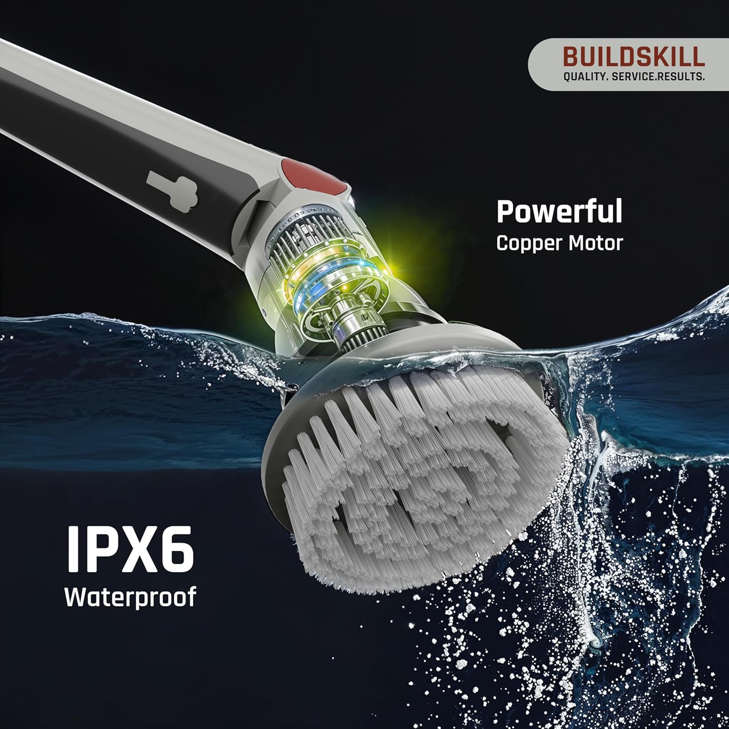 BUILDSKILL 8 in 1 Electric Spin Scrubber with LED Display | IPX6 Waterproof | 3 Speeds | 4 Angles | Telescopic SS Handle | 2.5Ah | C-Type | Tiles, Slabs, Windows & Bathroom Cleaning Brush Electric