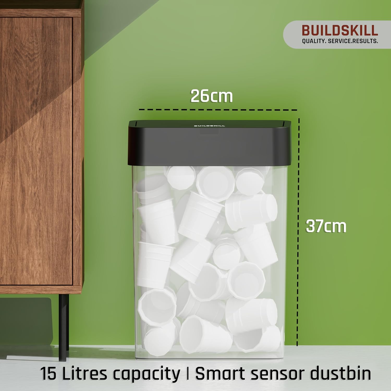 BUILDSKILL 15 Litre Smart Sensor Dustbin for Home | IPX5 Waterproof | 360° Odour Lock | Soft Close & Open | ABS Body | Compact Size | Convenient & Hygienic | Touchless Smart Dustbin for Home (Black)