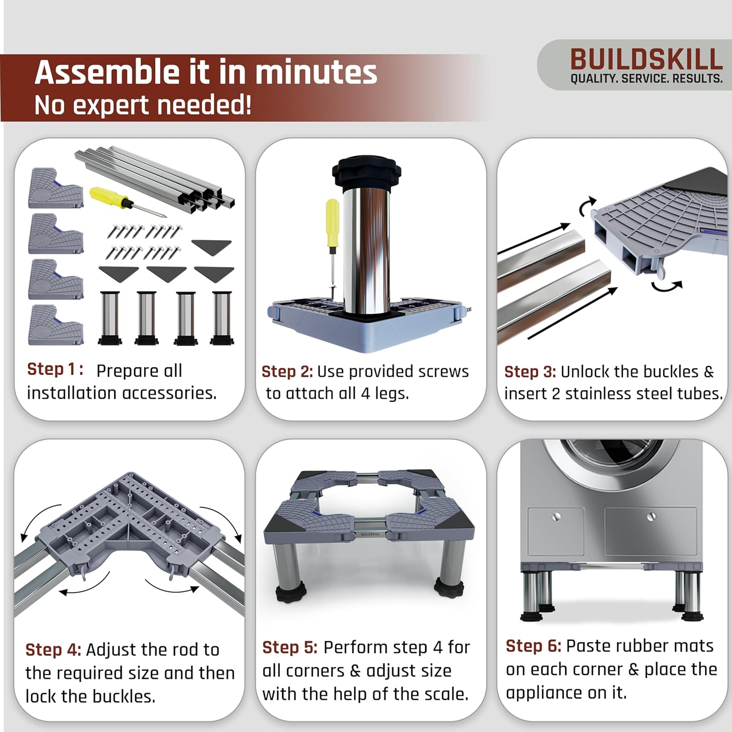 BUILDSKILL 350kg Load Capacity Washing Machine Stand Adjustable | Spirit Level | Anti-Vibration Mats | Dual SS Tubes | Legs with Rubber Pads | Without Wheels Height Stand for Washing Machine (Grey)