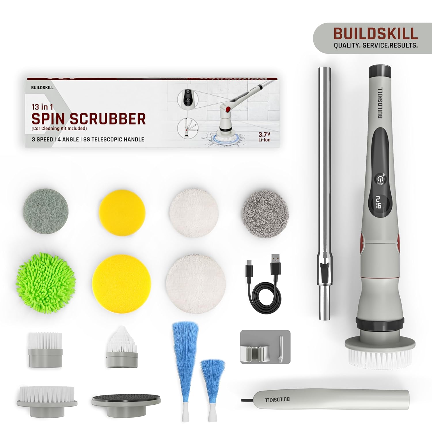 BUILDSKILL 13 in 1 Advanced Electric Spin Scrubber with LED Display | IPX6 Waterproof | 3 Speeds | 4 Angles | Telescopic SS Handle | 2.5Ah Type-C| Tiles, Slabs, Car & Bathroom Cleaning Brush Electric