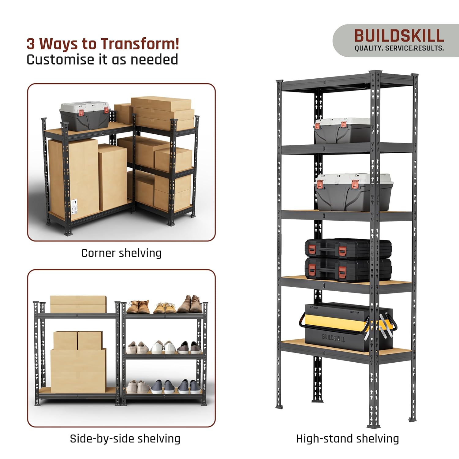 BUILDSKILL 5-Tier Multipurpose Storage Rack | Bolt-Free Assembly | Black Powder-Coated Galvanized Metal | Thick MDF Board | 175Kg Capacity Per Shelf | 170x70x30cm Adjustable Shelf Rack for Home & Shop
