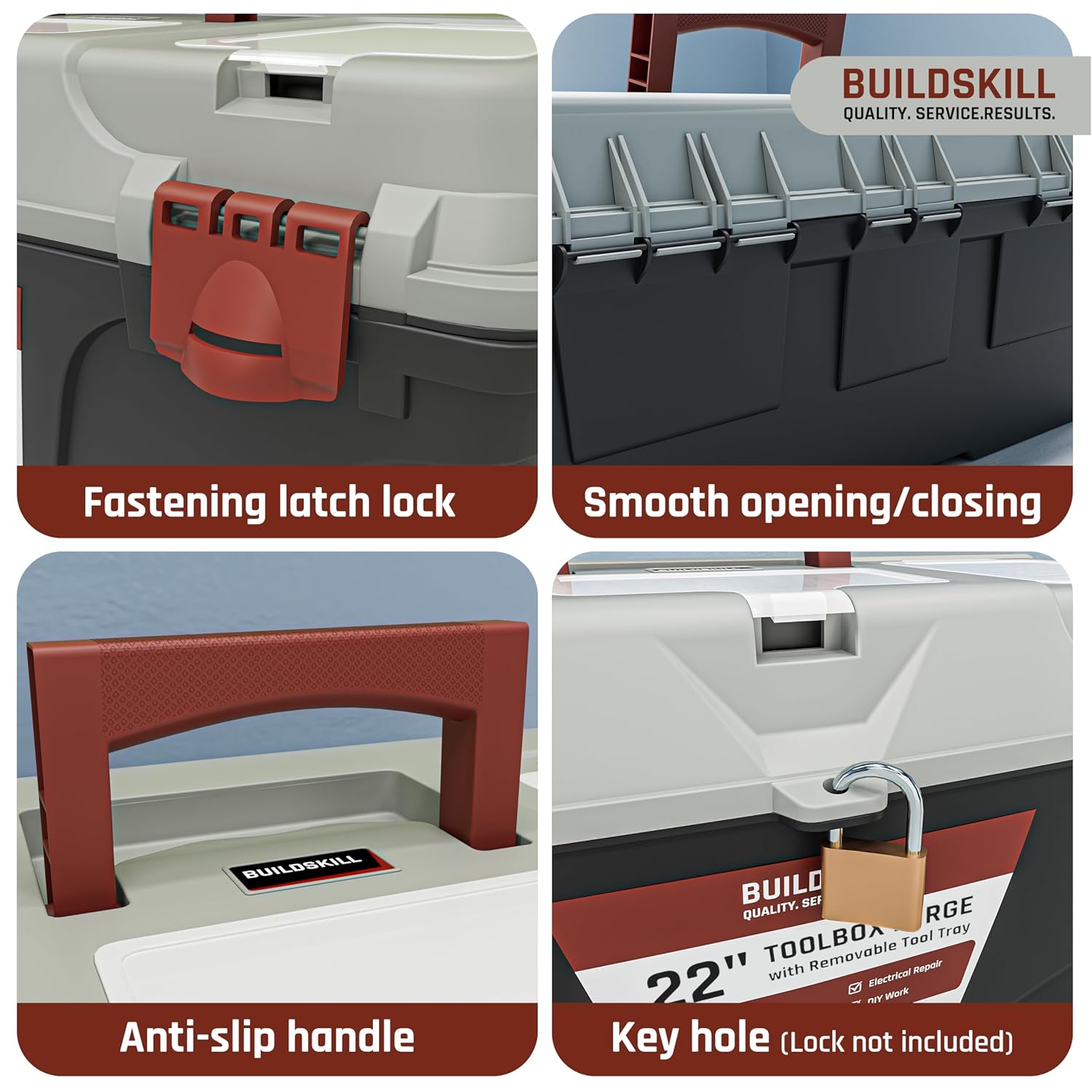 BUILDSKILL 22" Large Tool Box for Home | Convenient Top Lids & Removable Tool Tray | Secure Latch Lock | Key Hole | Heavy Duty Impact Resistant Body | Ideal Repair Toolbox for DIY & Professional Use