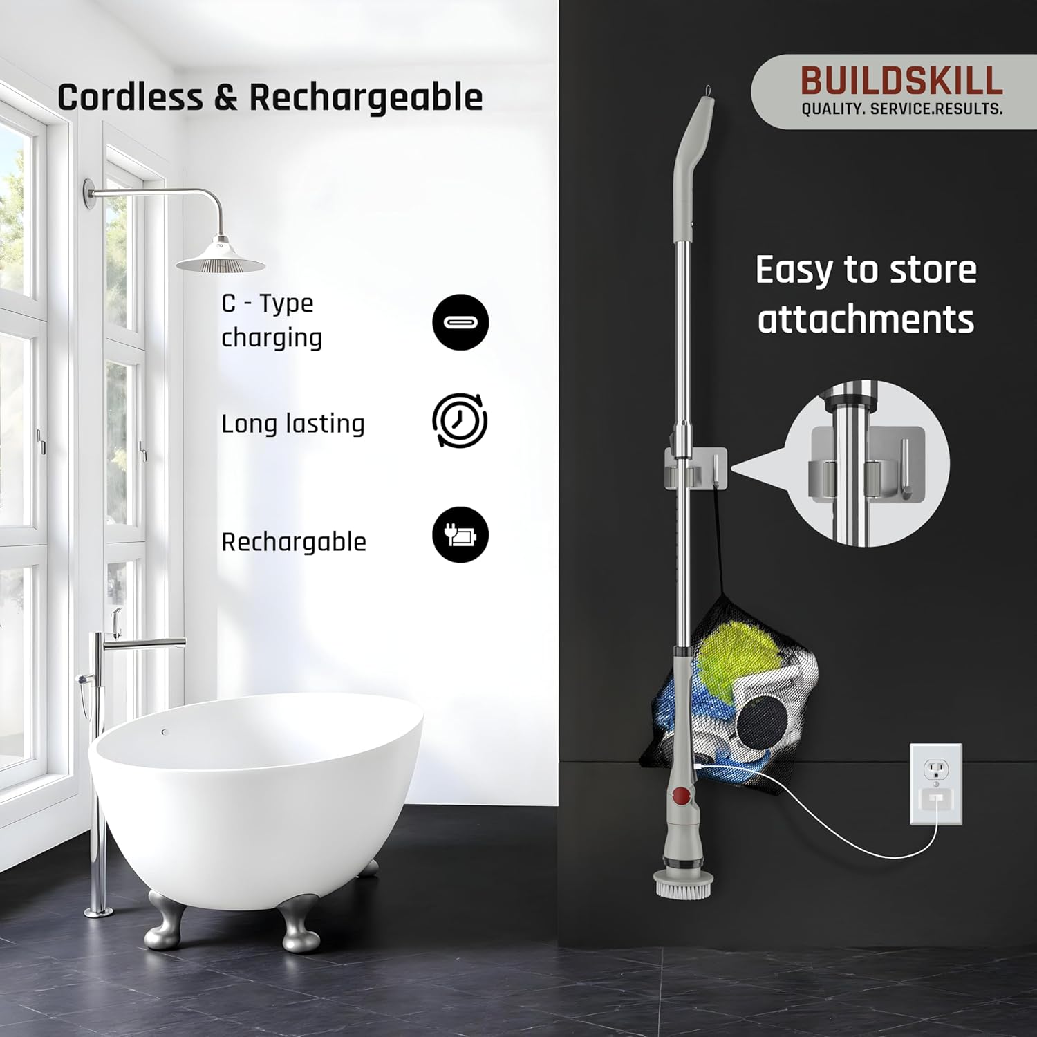 BUILDSKILL 8 in 1 Electric Spin Scrubber with LED Display | IPX6 Waterproof | 3 Speeds | 4 Angles | Telescopic SS Handle | 2.5Ah | C-Type | Tiles, Slabs, Windows & Bathroom Cleaning Brush Electric