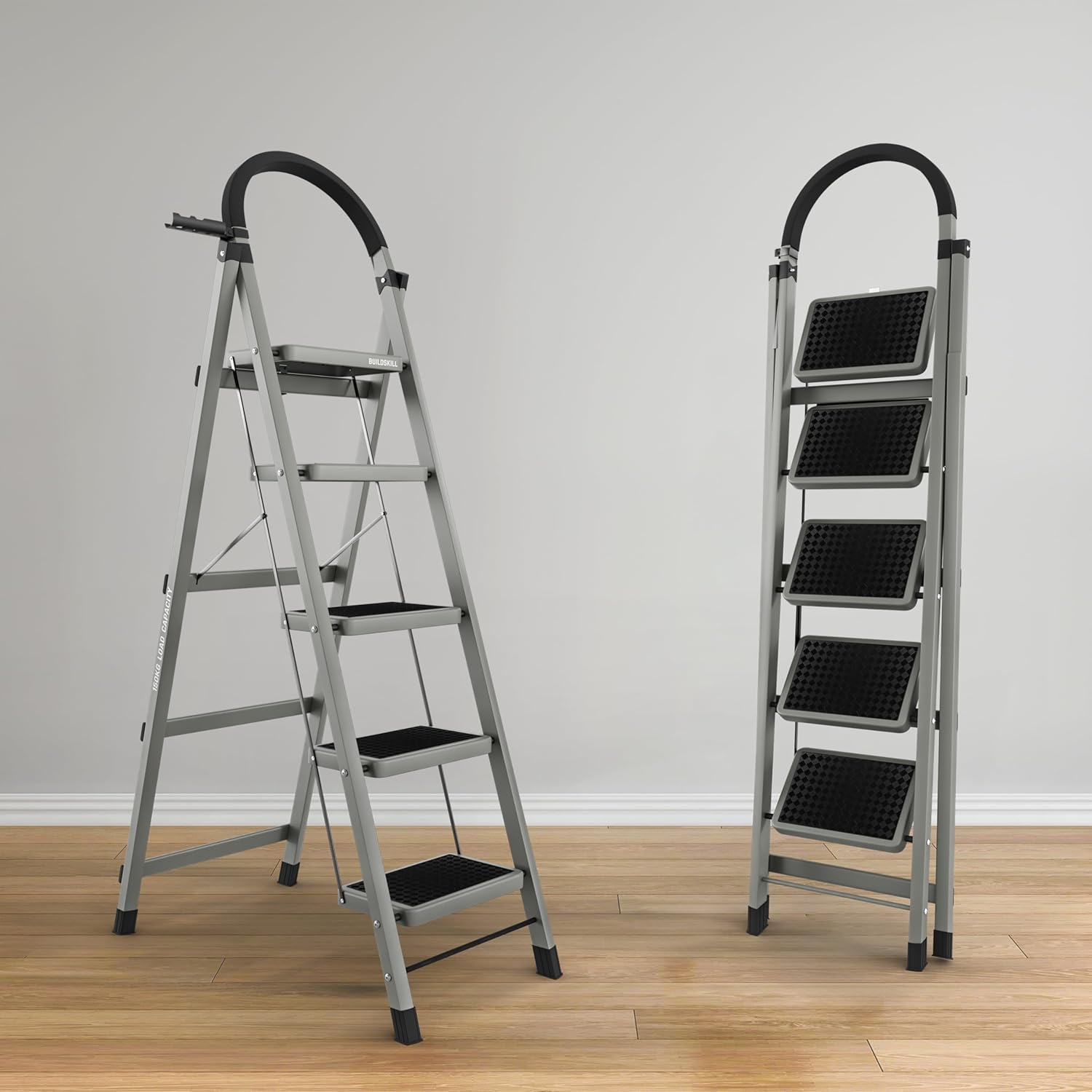 BUILDSKILL 5 Step Ladder for Home Use with Built-in Tool Tray | Heavy Duty D Shape Rods | 20 x 30 cm Large Platform | Wide Rubber Feet | Secure Lock | 150Kg Capacity Foldable Ladder - 5 Years Warranty