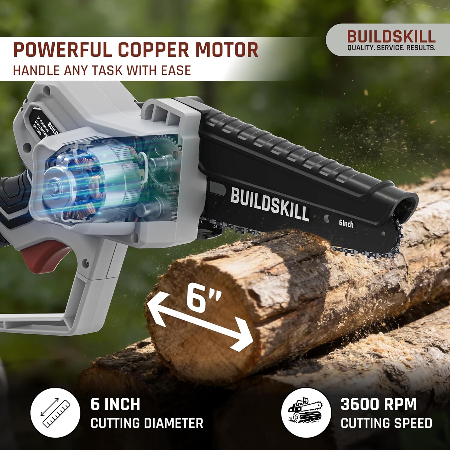 BUILDSKILL 21V Cordless Chainsaw Machine | 6 inch Bar | 3600 RPM Copper Motor | 2 x 1.5AH Battery | Chain tensioning button, safety lock | Mini Chainsaw Machine for Wood Cutting, Gardening & DIY Use