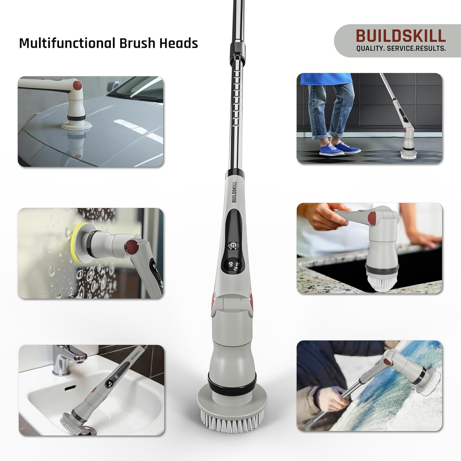 BUILDSKILL 8 in 1 Electric Spin Scrubber with LED Display | IPX6 Waterproof | 3 Speeds | 4 Angles | Telescopic SS Handle | 2.5Ah | C-Type | Tiles, Slabs, Windows & Bathroom Cleaning Brush Electric