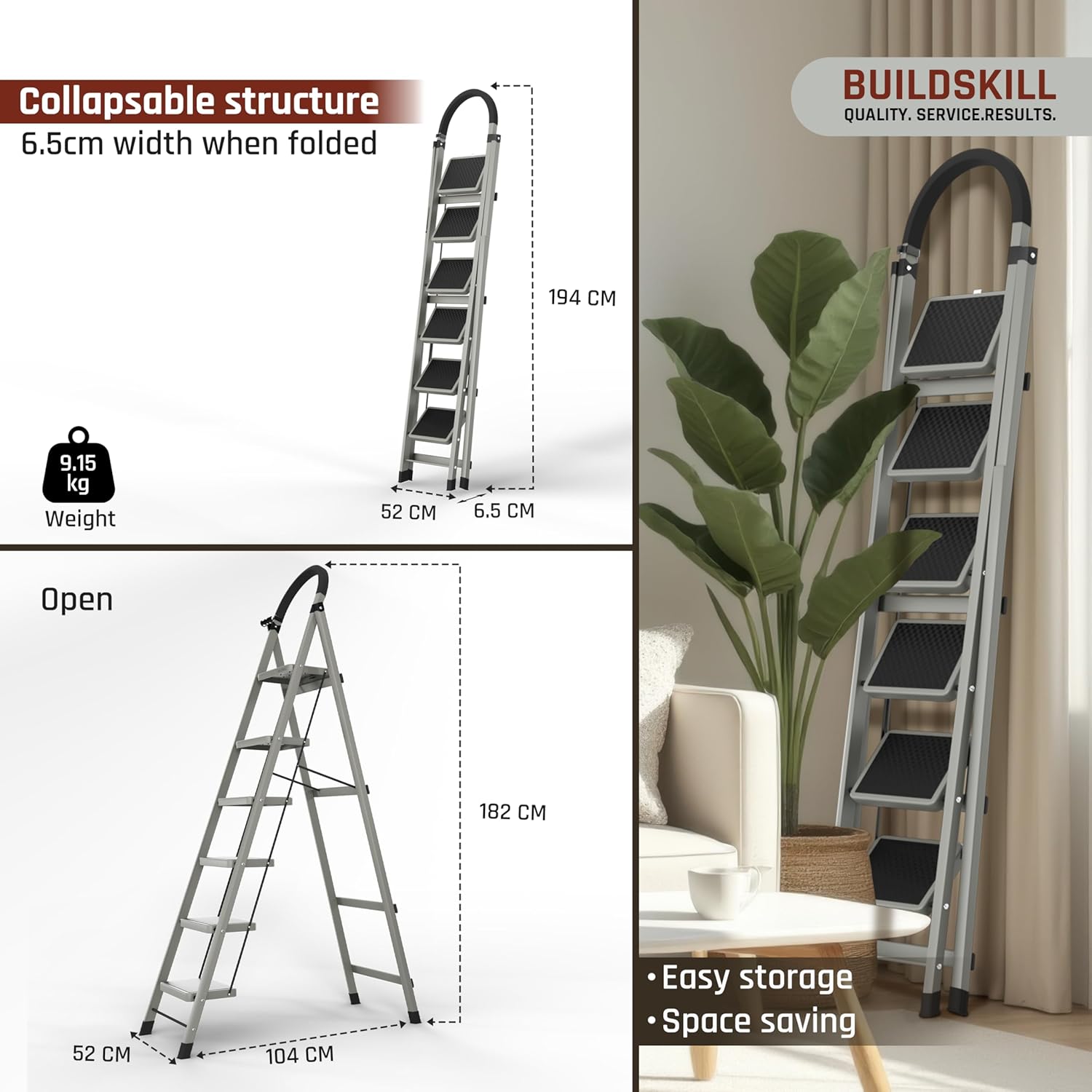 BUILDSKILL Ladder for Home 6 Steps Foldable with Built-in Tool Tray | Heavy Duty D Shape Rods | 20 x 30cm Large Platform | Wide Rubber Feet | Secure Lock | 150Kg Capacity - 5 Years Warranty