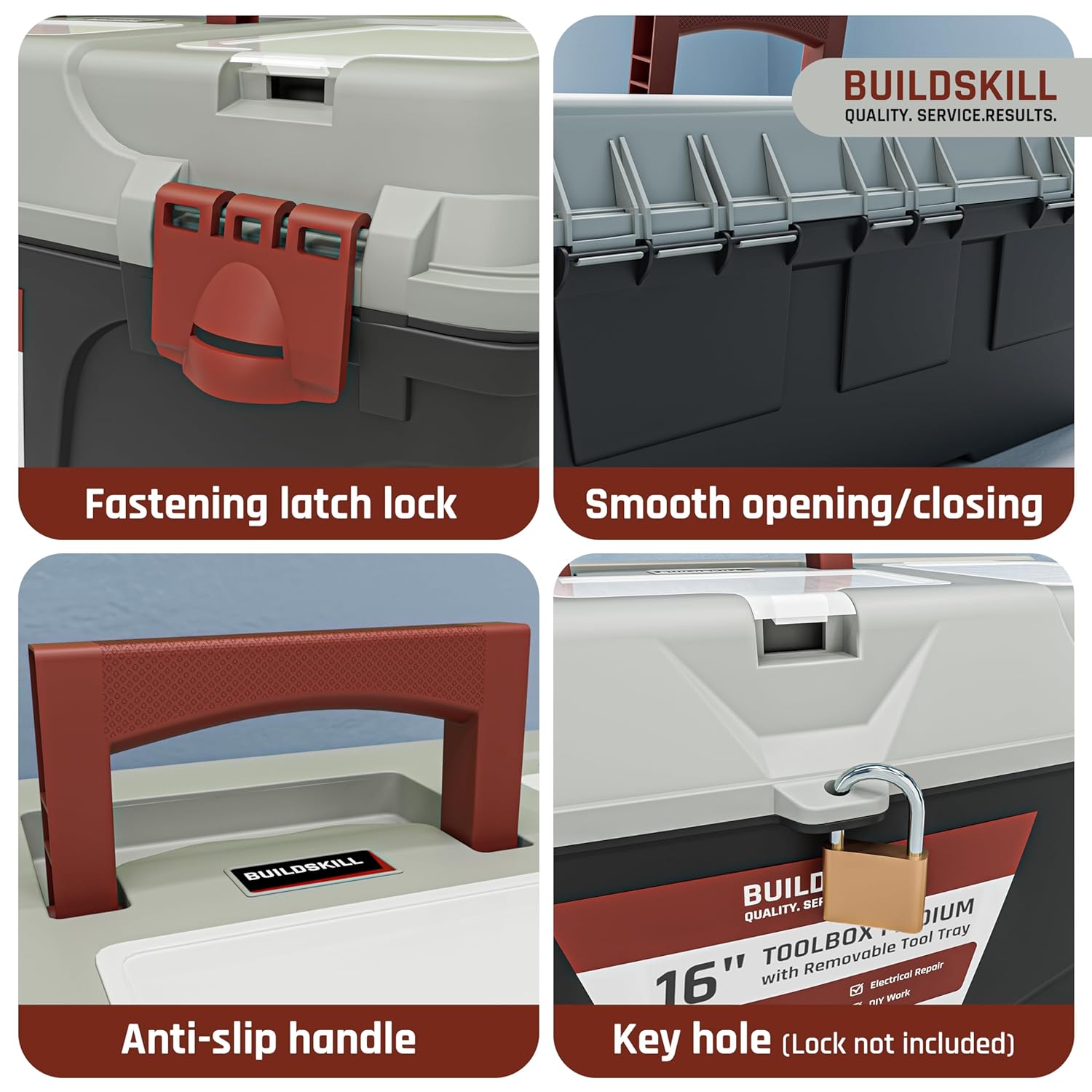 BUILDSKILL 16" Medium Tool Box for Home | Convenient Top Lids & Removable Tool Tray | Secure Latch Lock | Key Hole | Heavy Duty Impact Resistant Body | Ideal Repair Toolbox for DIY & Professional Use