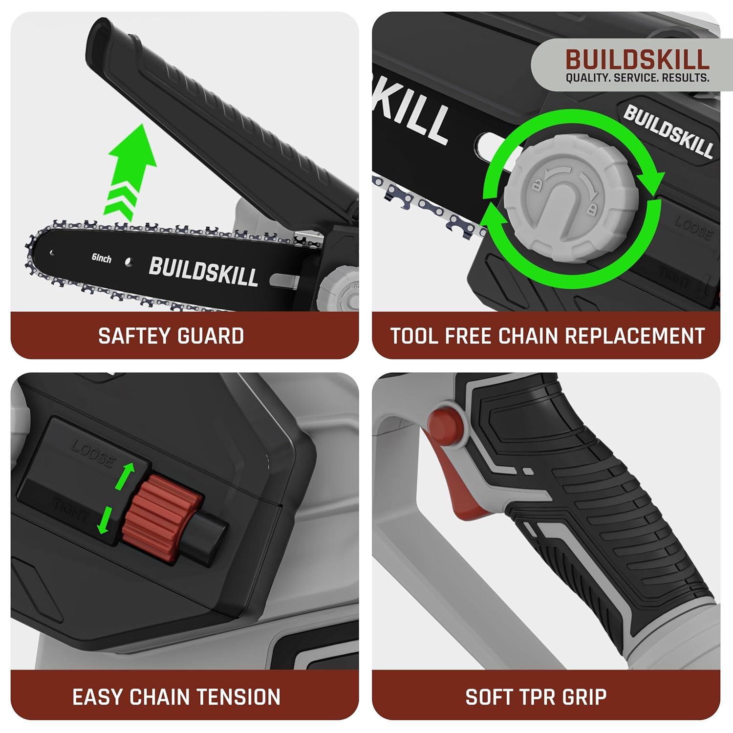 BUILDSKILL 21V Cordless Chainsaw Machine | 6 inch Bar | 3600 RPM Copper Motor | 2 x 1.5AH Battery | Chain tensioning button, safety lock | Mini Chainsaw Machine for Wood Cutting, Gardening & DIY Use