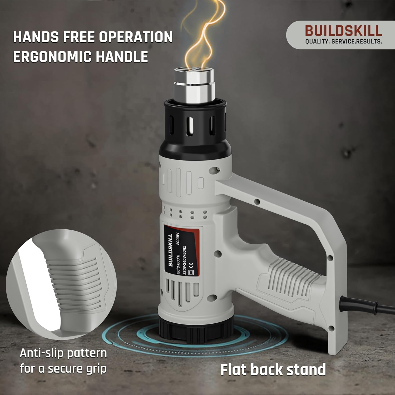 BUILDSKILL 1900W High-Speed Heat Gun Machine | Variable Temperature 50°C - 600°C | Copper Motor | SS Nozzle | Ideal Hot Air Gun Machine for Electronic Tasks, Paint Removing, Shrink Wrapping - Grey