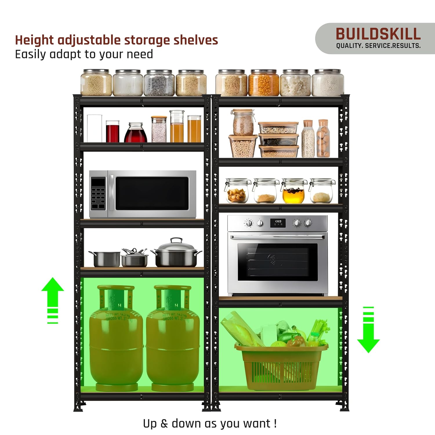 BUILDSKILL 5-Tier Multipurpose Storage Rack | Bolt-Free Assembly | Black Powder-Coated Galvanized Metal | Thick MDF Board | 175Kg Capacity Per Shelf | 170x70x30cm Adjustable Shelf Rack for Home & Shop
