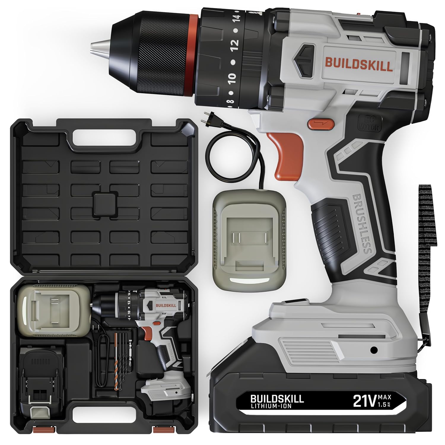 BUILDSKILL 21V BLDC Cordless Drilling Machine | 40NM Torque | Copper Motor | Impact & Drill | 2-Speed 400/1400 RPM | 10mm Metal Keyless Chuck | 1.5Ah Battery | Forward-Reverse | Professional & DIY Use