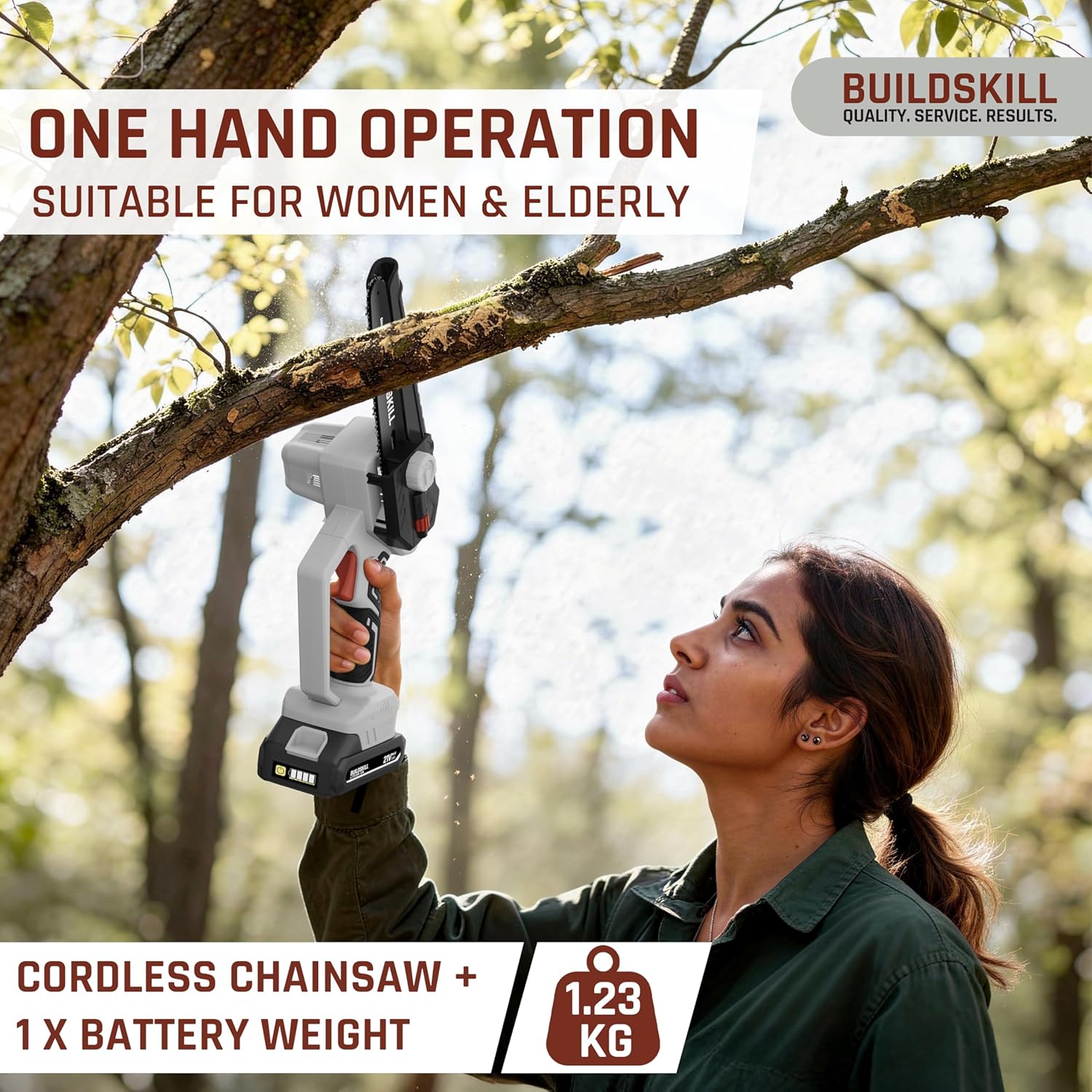 BUILDSKILL 21V Cordless Chainsaw Machine | 6 inch Bar | 3600 RPM Copper Motor | 2 x 1.5AH Battery | Chain tensioning button, safety lock | Mini Chainsaw Machine for Wood Cutting, Gardening & DIY Use