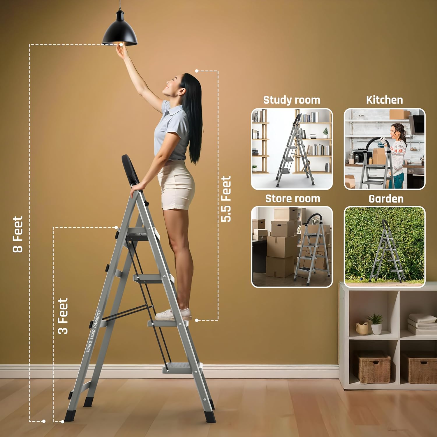 BUILDSKILL Foldable Ladder for Home 4 Steps with Built-in Tool Tray | Heavy Duty D Shape rods | 20 x 30 cm Large Platform | Wide Rubber feet | Secure Lock | 150kg Capacity - 5 Years Warranty